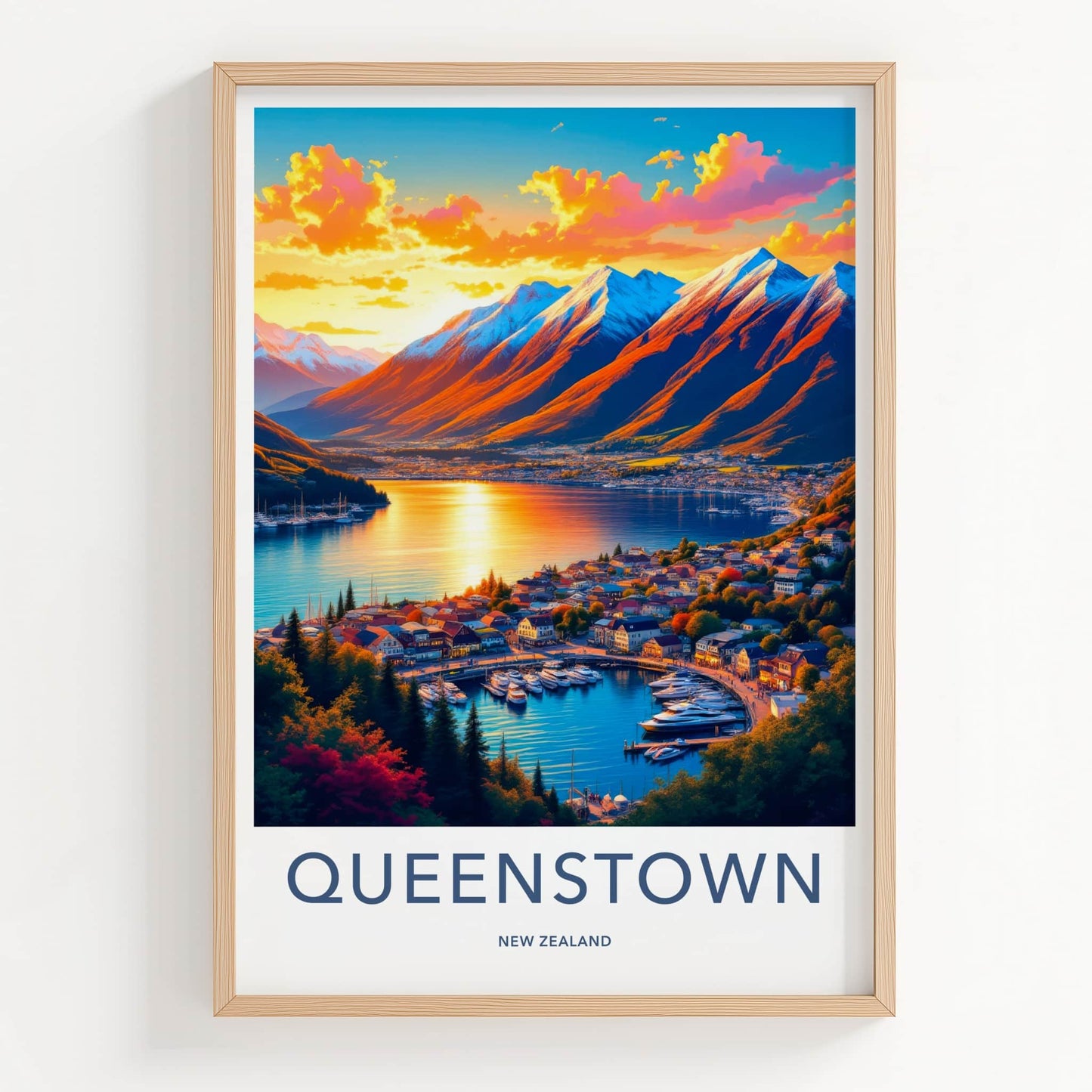 Queenstown Poster - New Zealand Travel Art - Golden Lake Harbor Home Decor