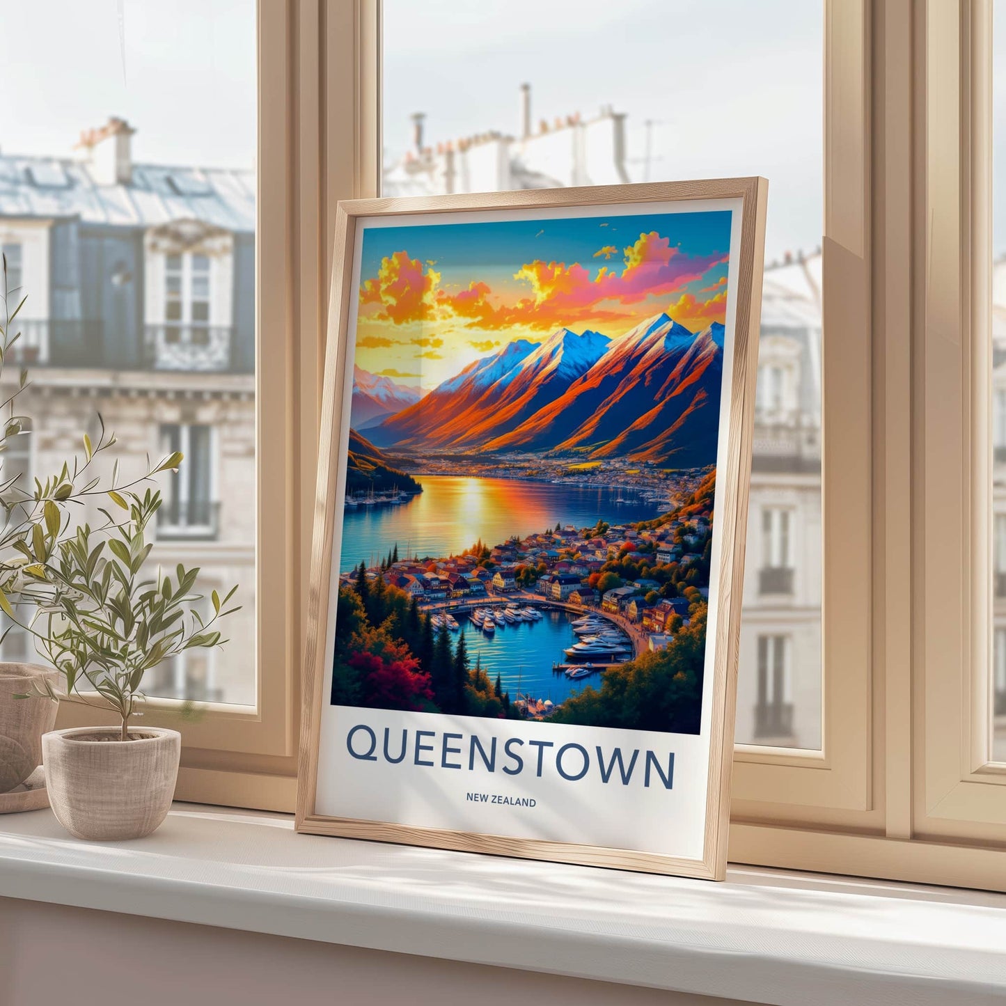 Queenstown Poster - New Zealand Travel Art - Golden Lake Harbor Home Decor