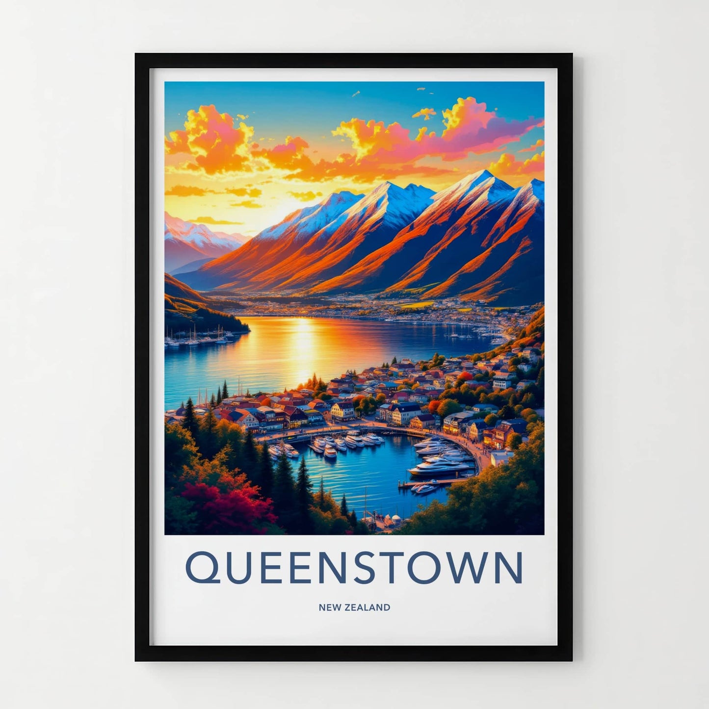 Queenstown Poster - New Zealand Travel Art - Golden Lake Harbor Home Decor