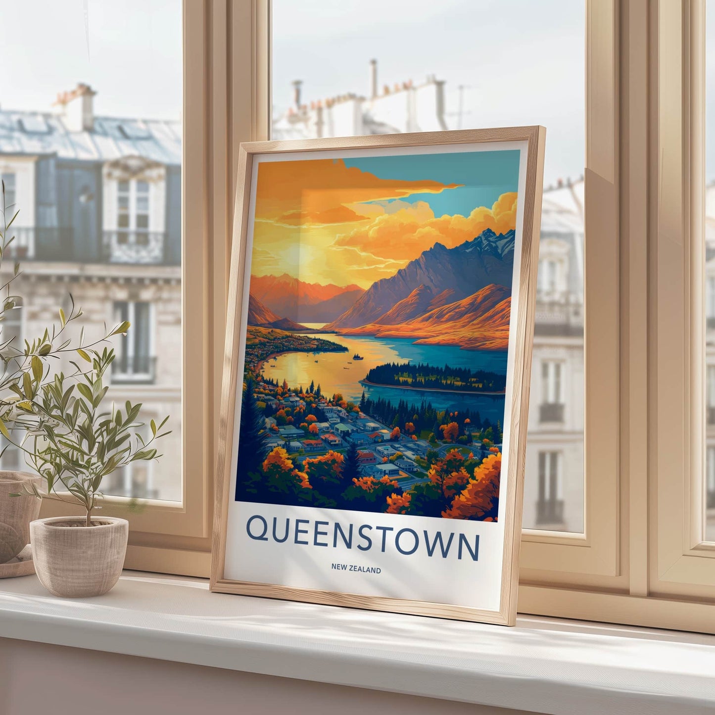 Queenstown Poster - New Zealand Travel Art - Mountain Lake Town Home Decor