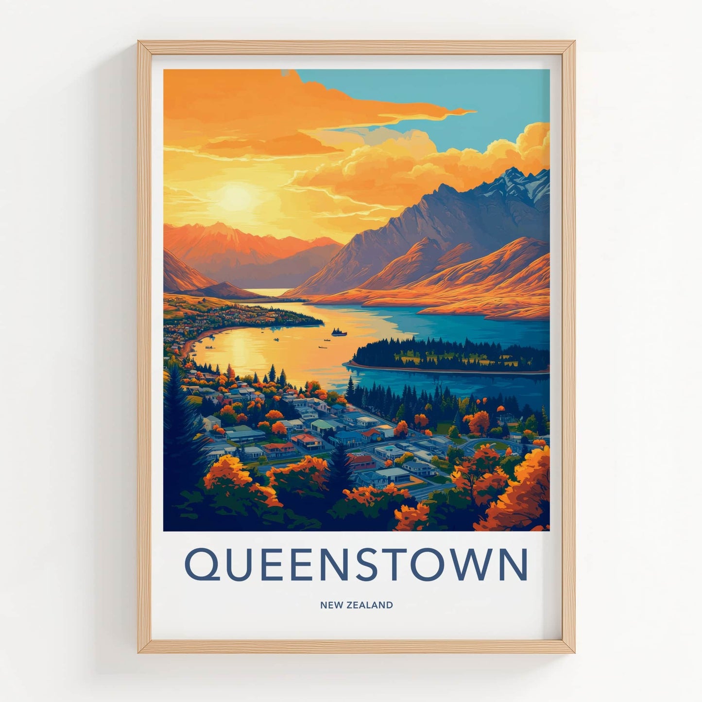 Queenstown Poster - New Zealand Travel Art - Mountain Lake Town Home Decor