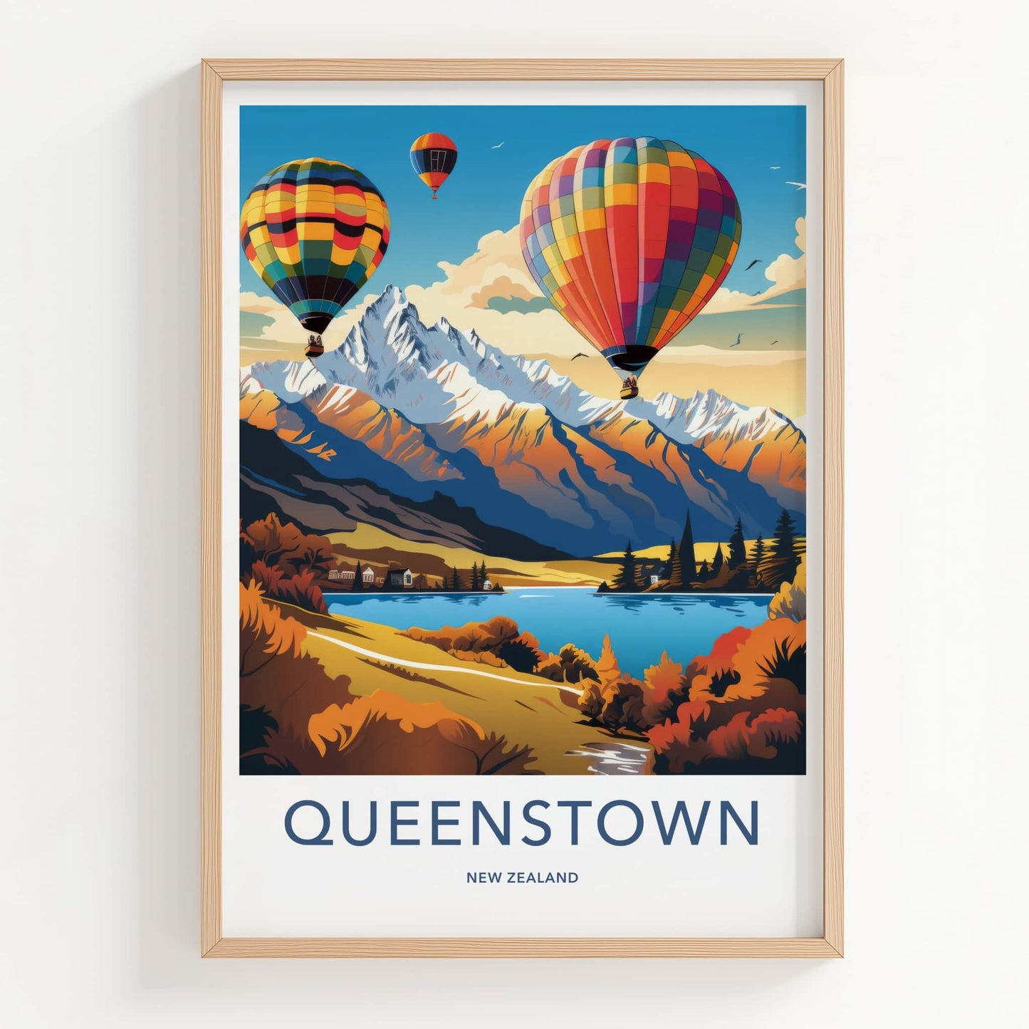 Queenstown Poster - New Zealand Travel Art - Scenic Lake Hotair Home Decor
