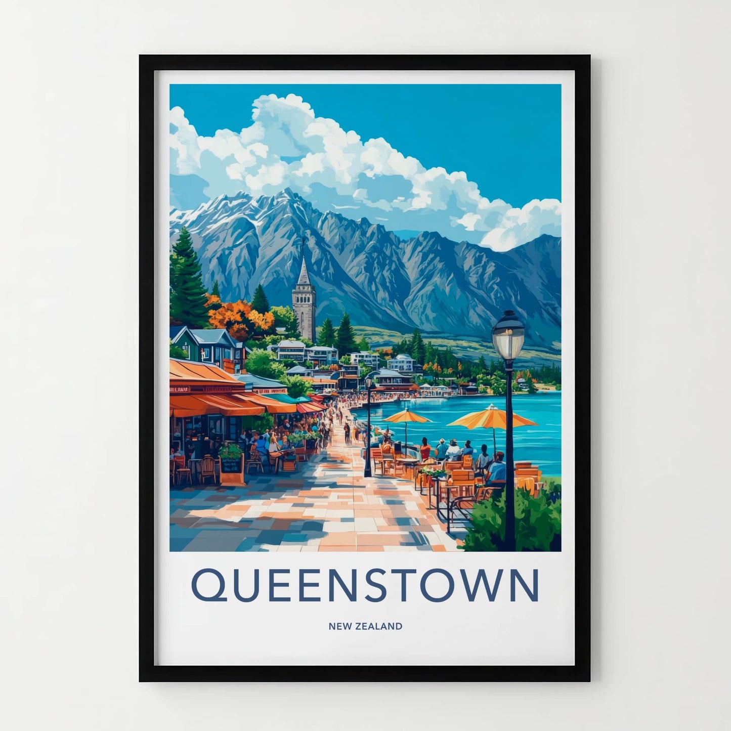 Queenstown Poster - New Zealand Travel Art - Vibrant Waterfront Scene Home Decor