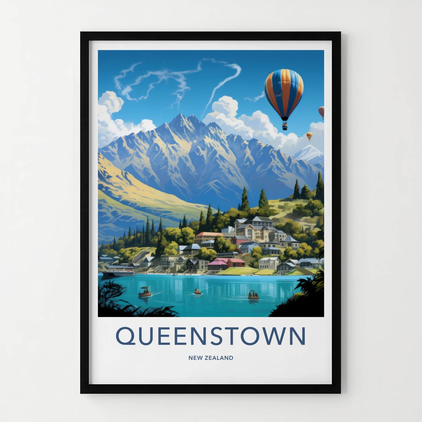 Queenstown Poster - New Zealand Wall Art - Mountain Lake Hot Air Balloons Home Decor