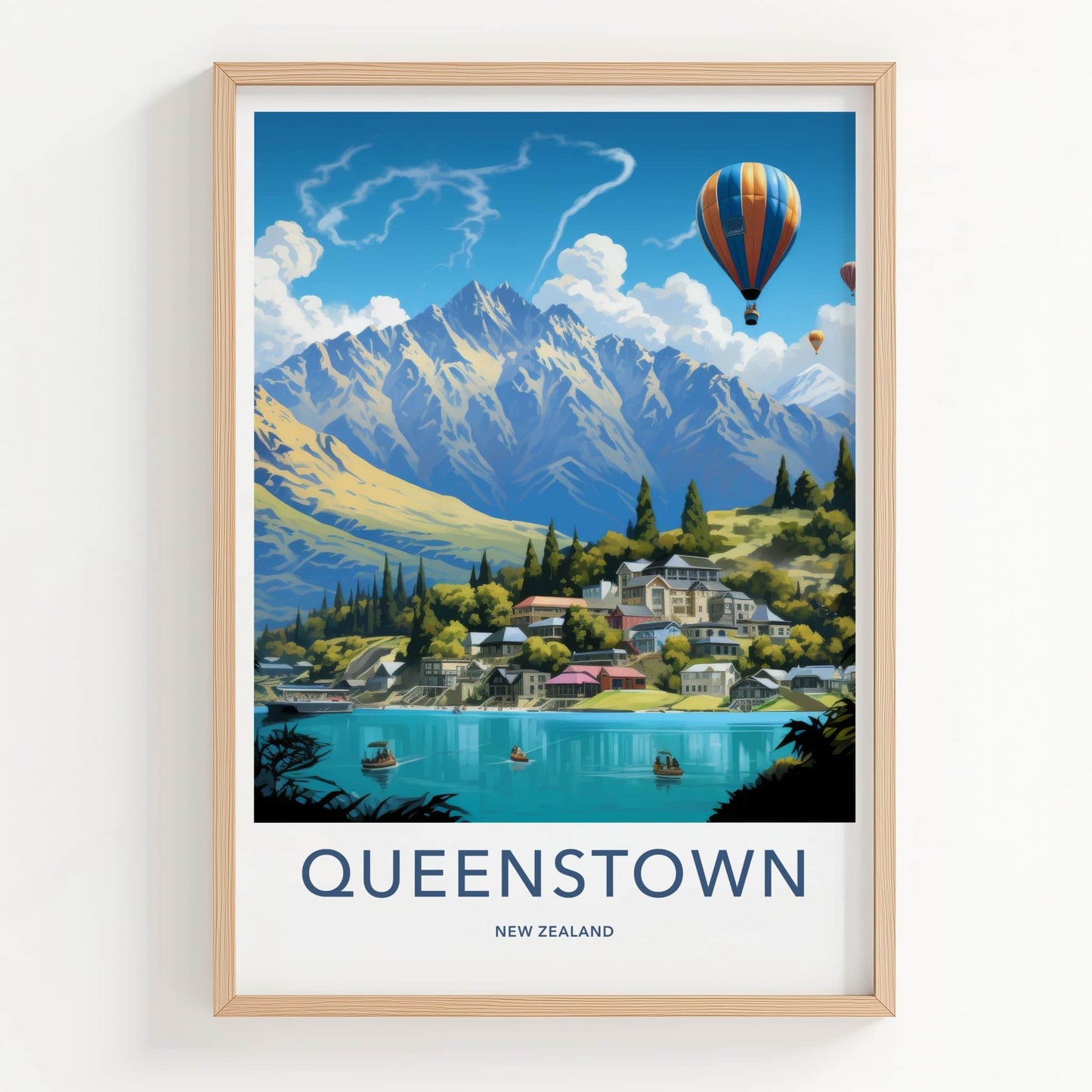 Queenstown Poster - New Zealand Wall Art - Mountain Lake Hot Air Balloons Home Decor