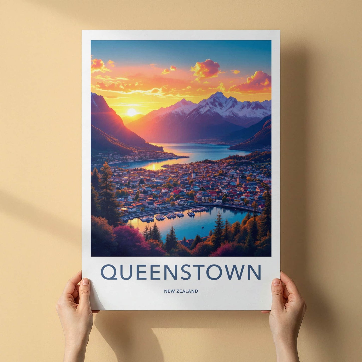 Queenstown Poster - New Zealand Wall Art - Vibrant Sunset Town Home Decor