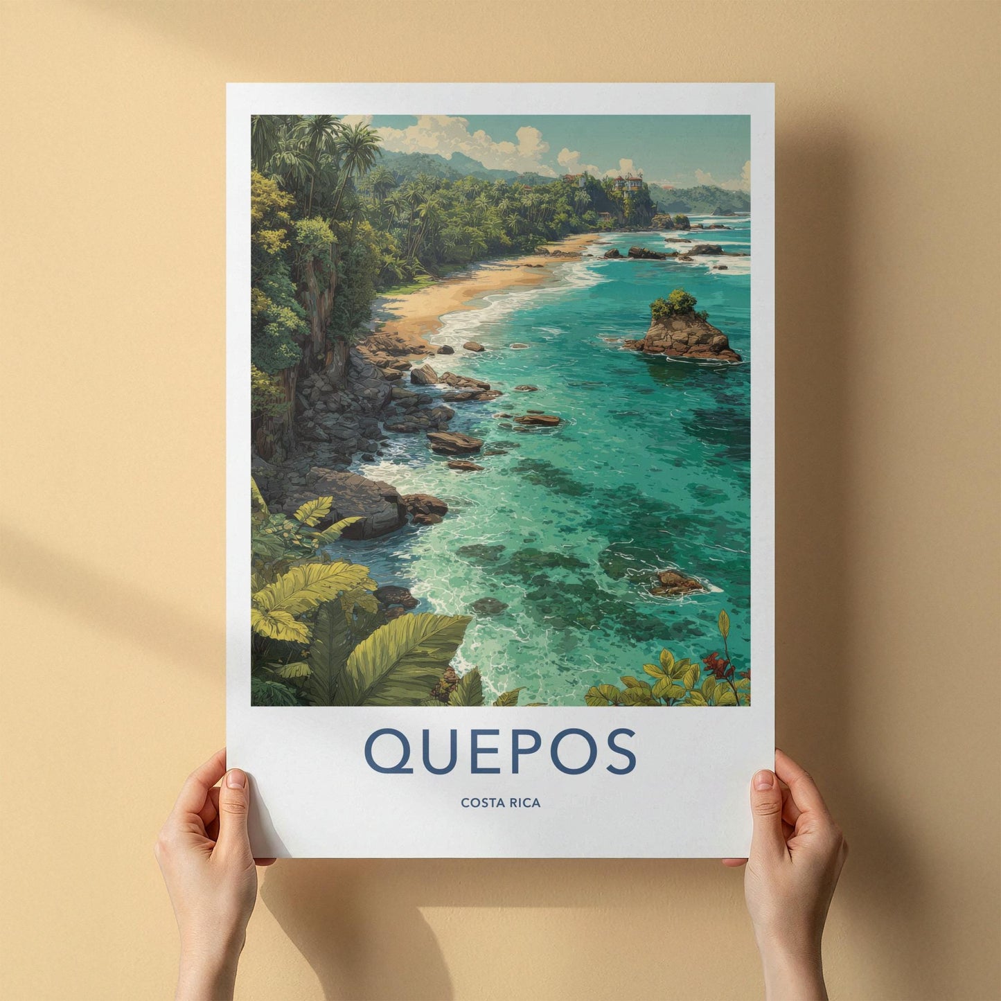 QUEPOS Poster - Costa Rica Travel Art - Tropical Beach Scene Home Decor