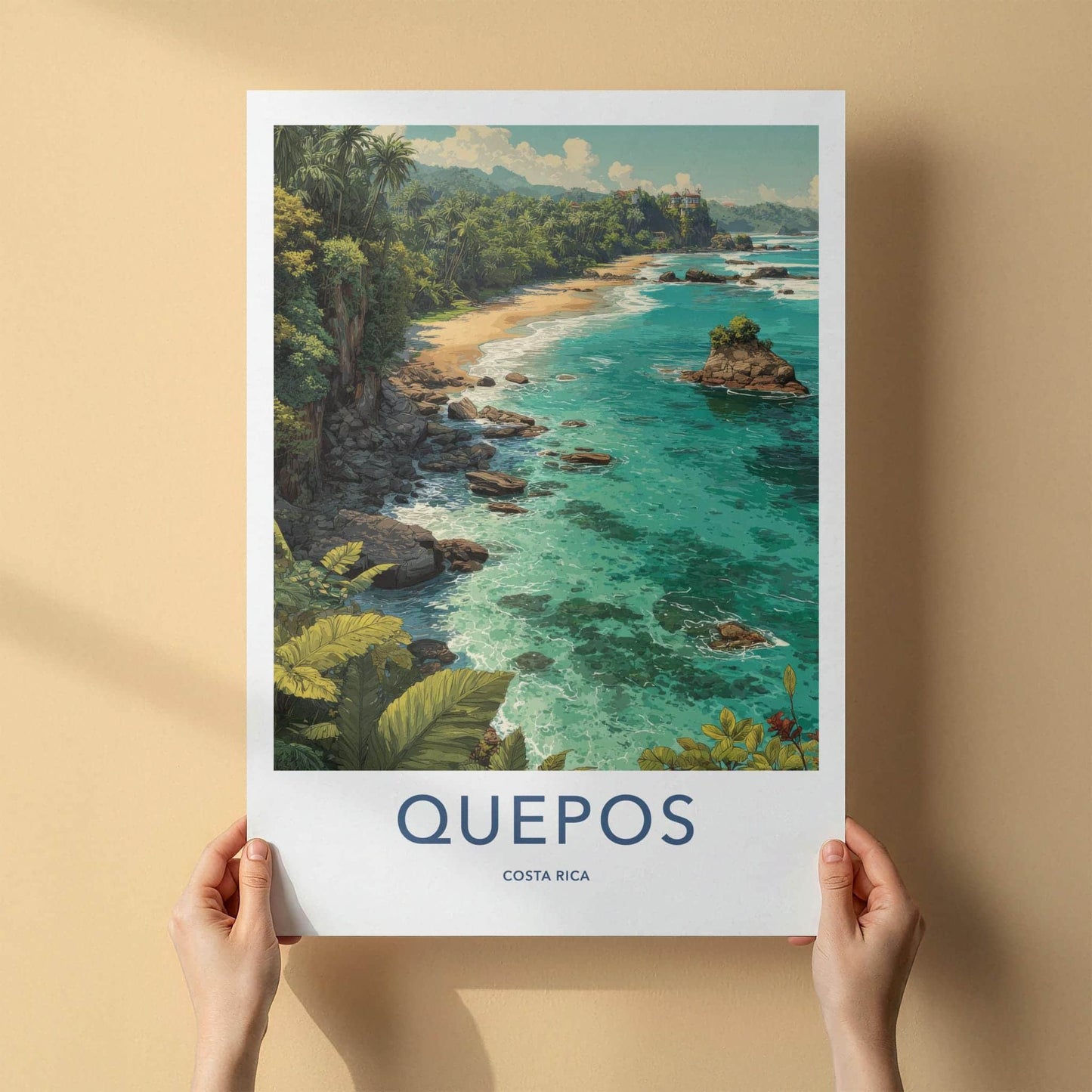 QUEPOS Poster - Costa Rica Travel Art - Tropical Beach Scene Home Decor