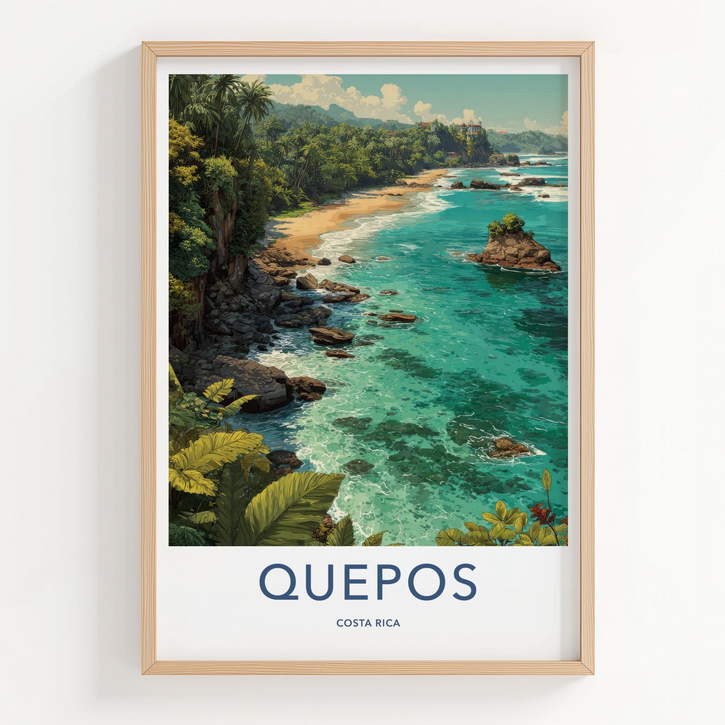 QUEPOS Poster - Costa Rica Travel Art - Tropical Beach Scene Home Decor