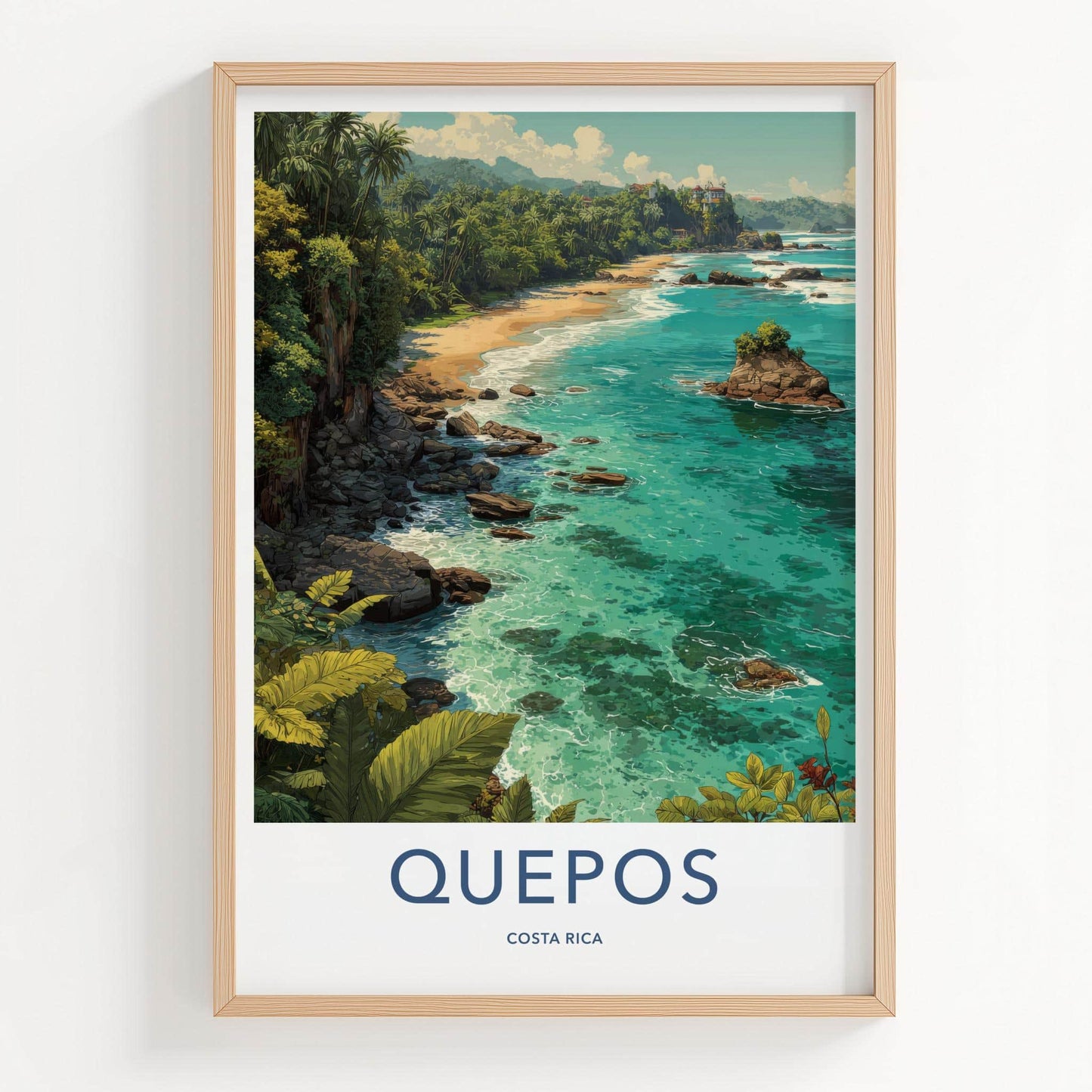 QUEPOS Poster - Costa Rica Travel Art - Tropical Beach Scene Home Decor