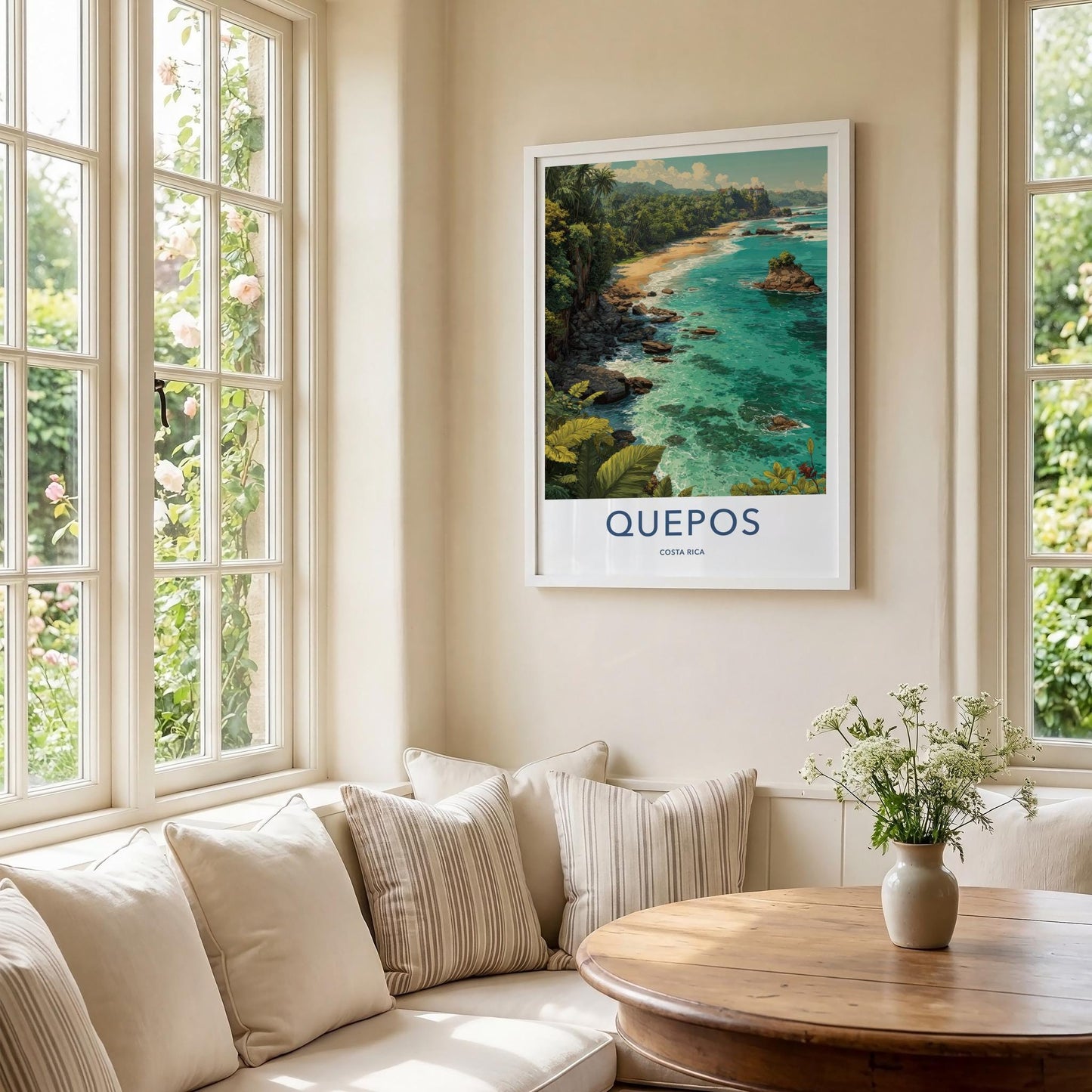 QUEPOS Poster - Costa Rica Travel Art - Tropical Beach Scene Home Decor