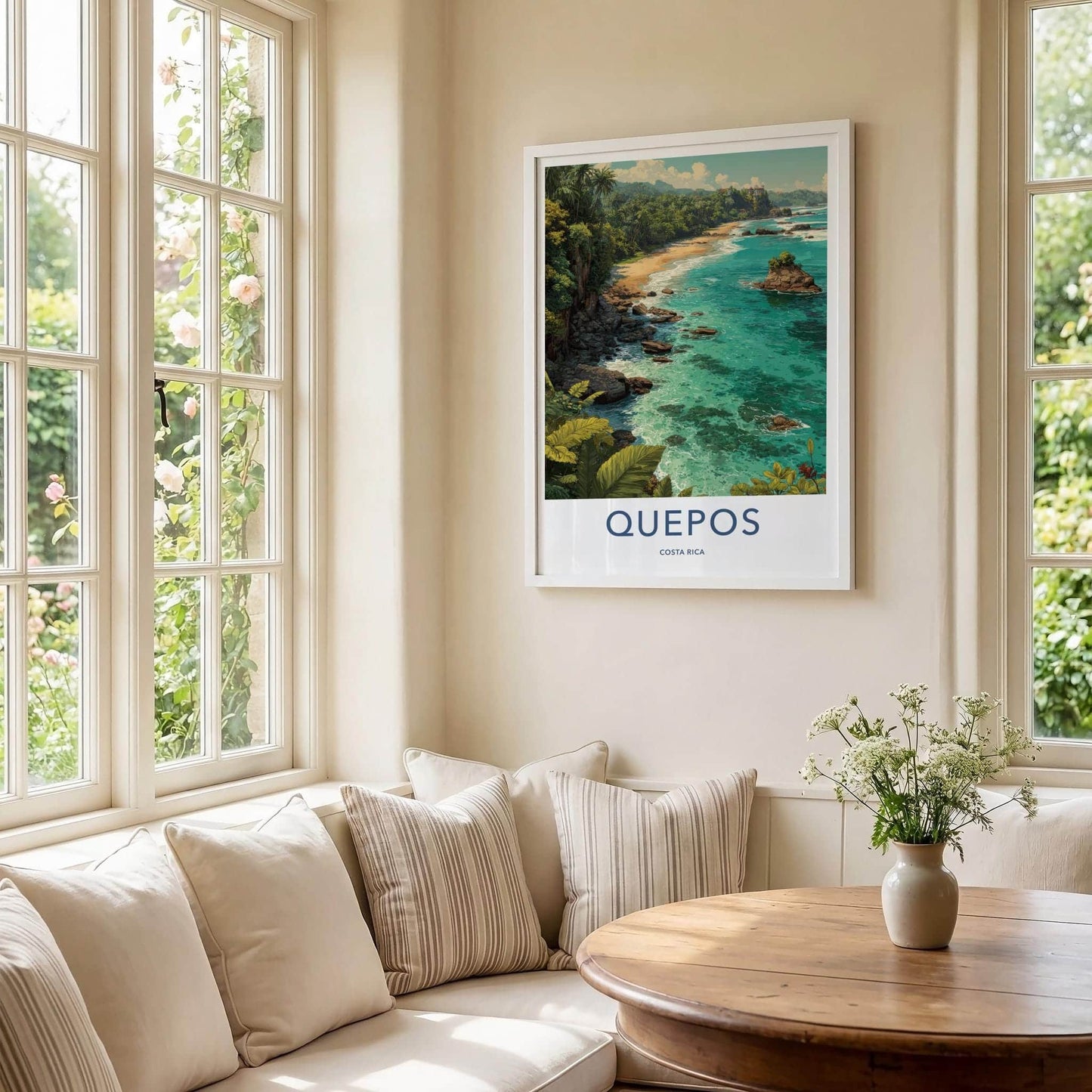 QUEPOS Poster - Costa Rica Travel Art - Tropical Beach Scene Home Decor