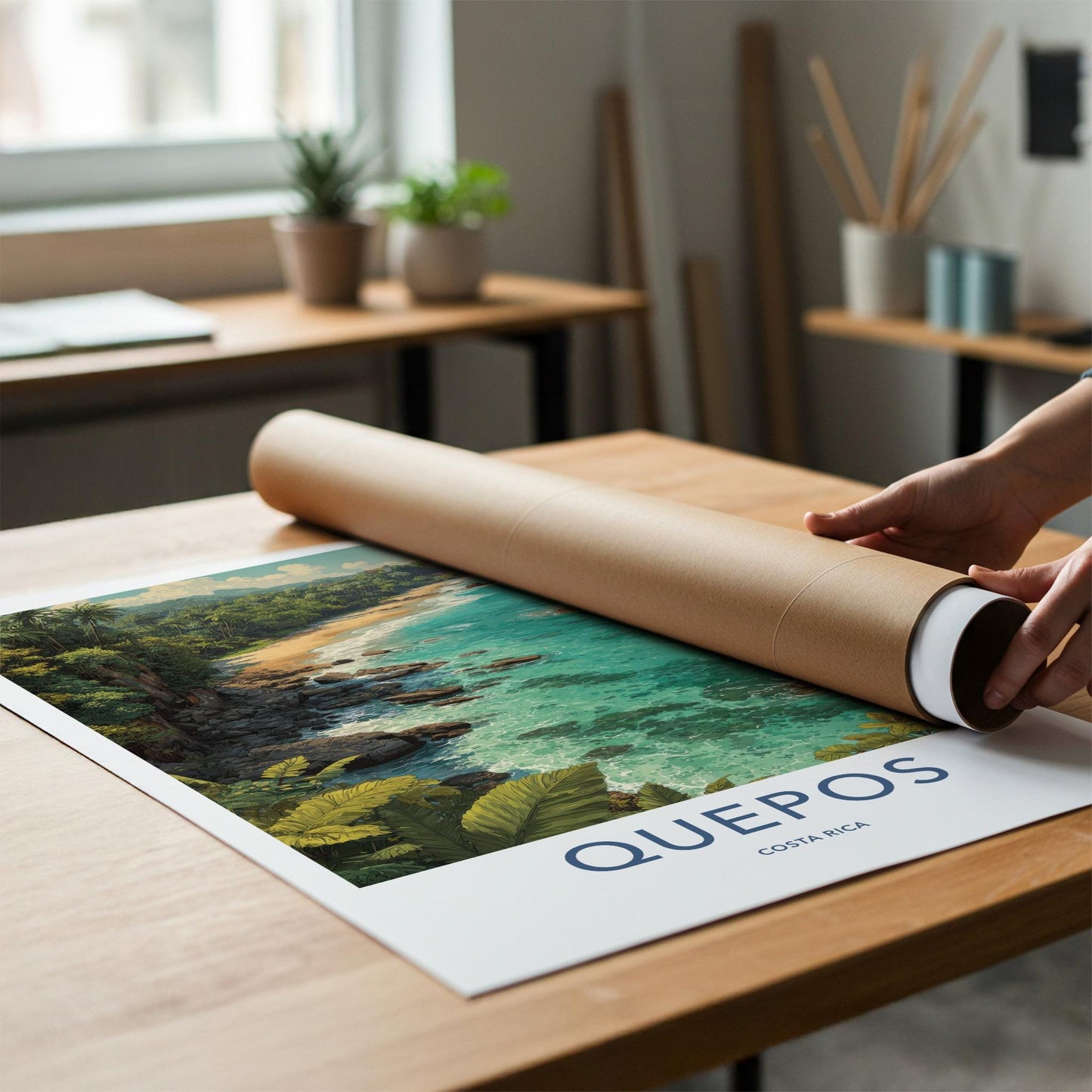 QUEPOS Poster - Costa Rica Travel Art - Tropical Beach Scene Home Decor