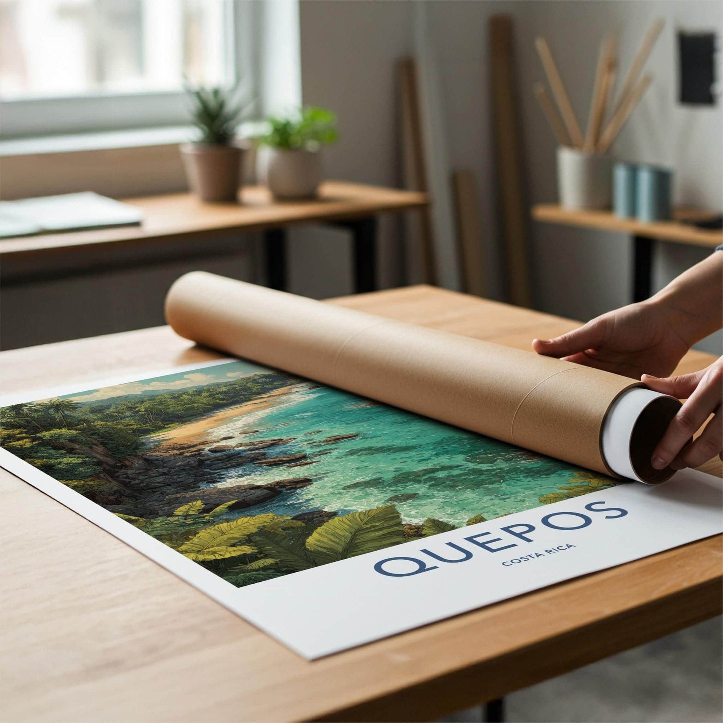 QUEPOS Poster - Costa Rica Travel Art - Tropical Beach Scene Home Decor