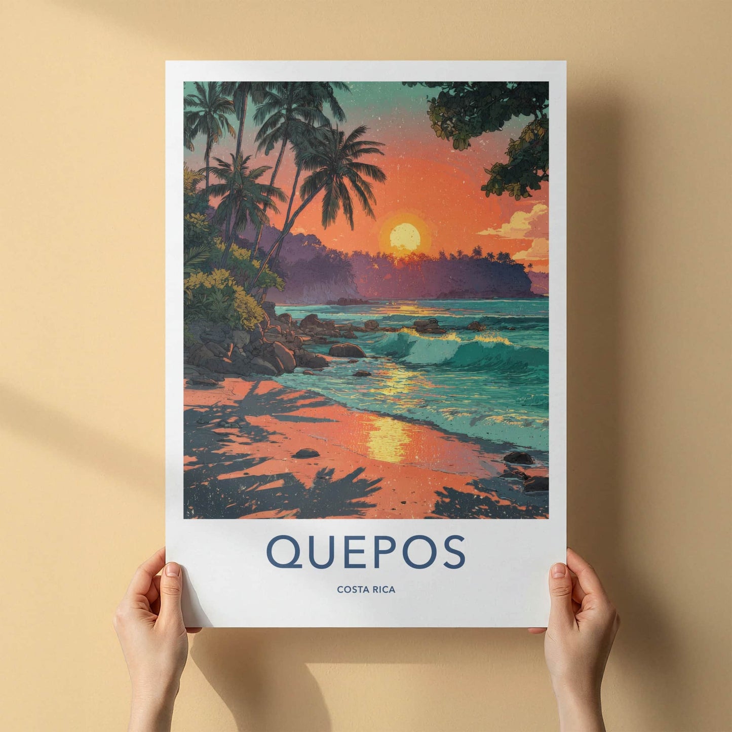 Quepos Poster - Costa Rica Travel Print Sunset Beach Waves Home Decor