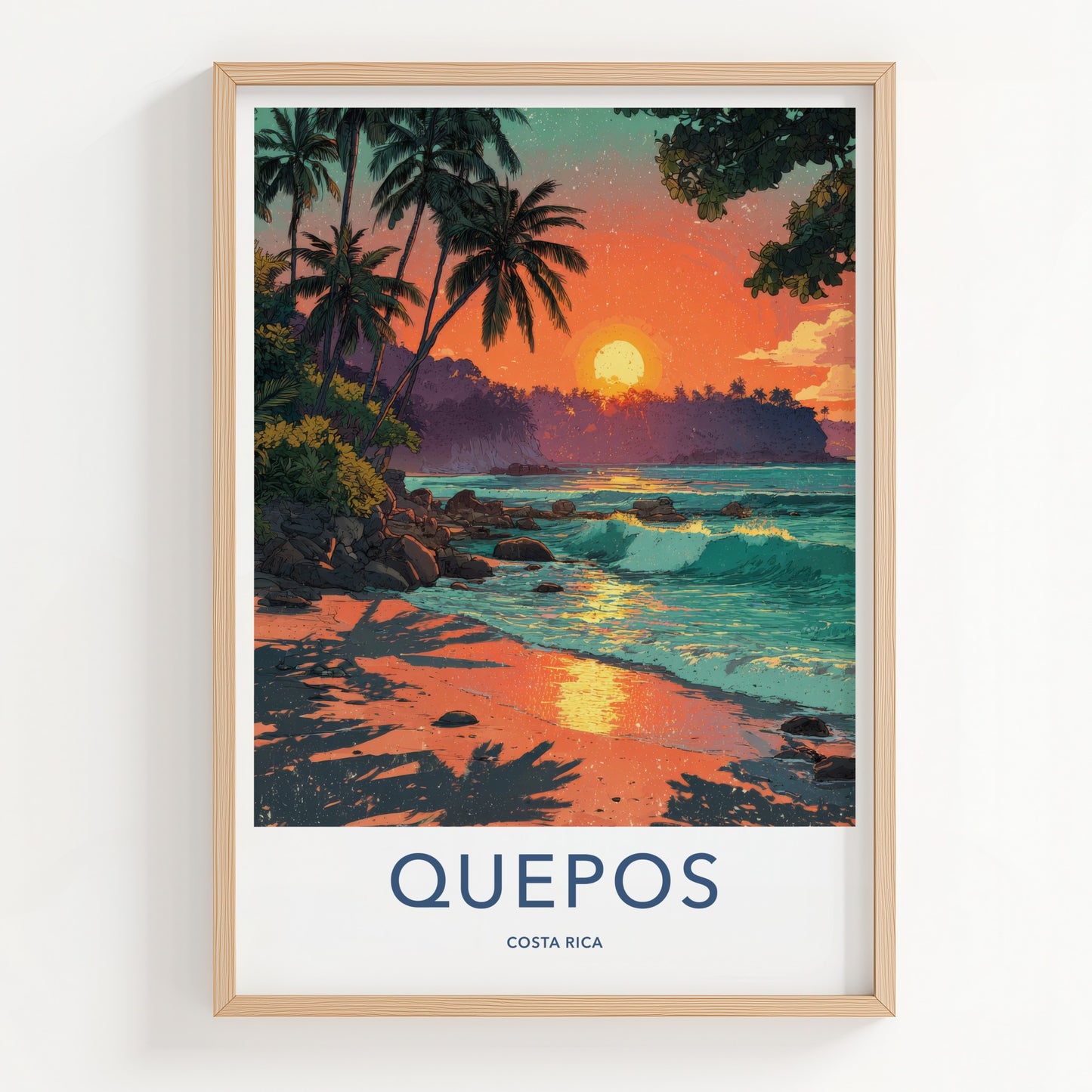 Quepos Poster - Costa Rica Travel Print Sunset Beach Waves Home Decor