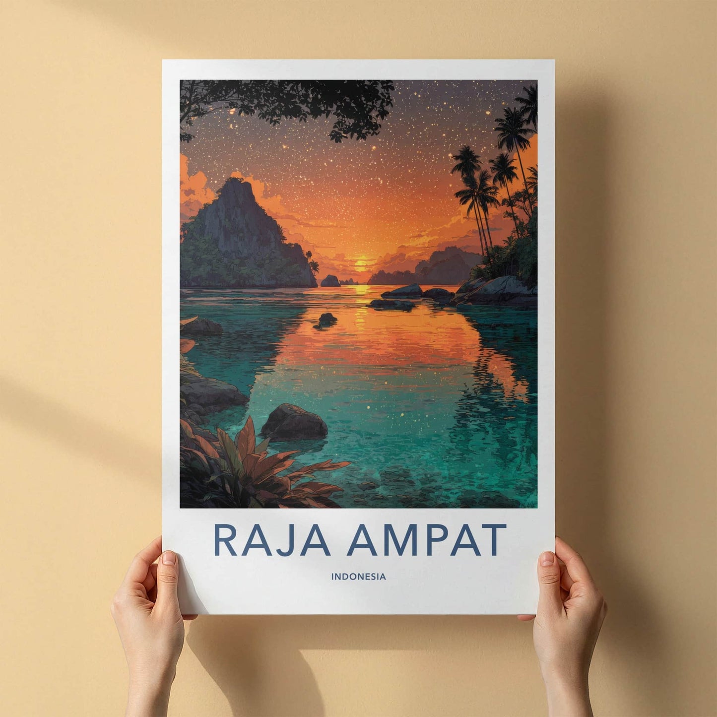 Raja Ampat Poster - Indonesia Travel Art - Fiery Sunset Palms Home Art