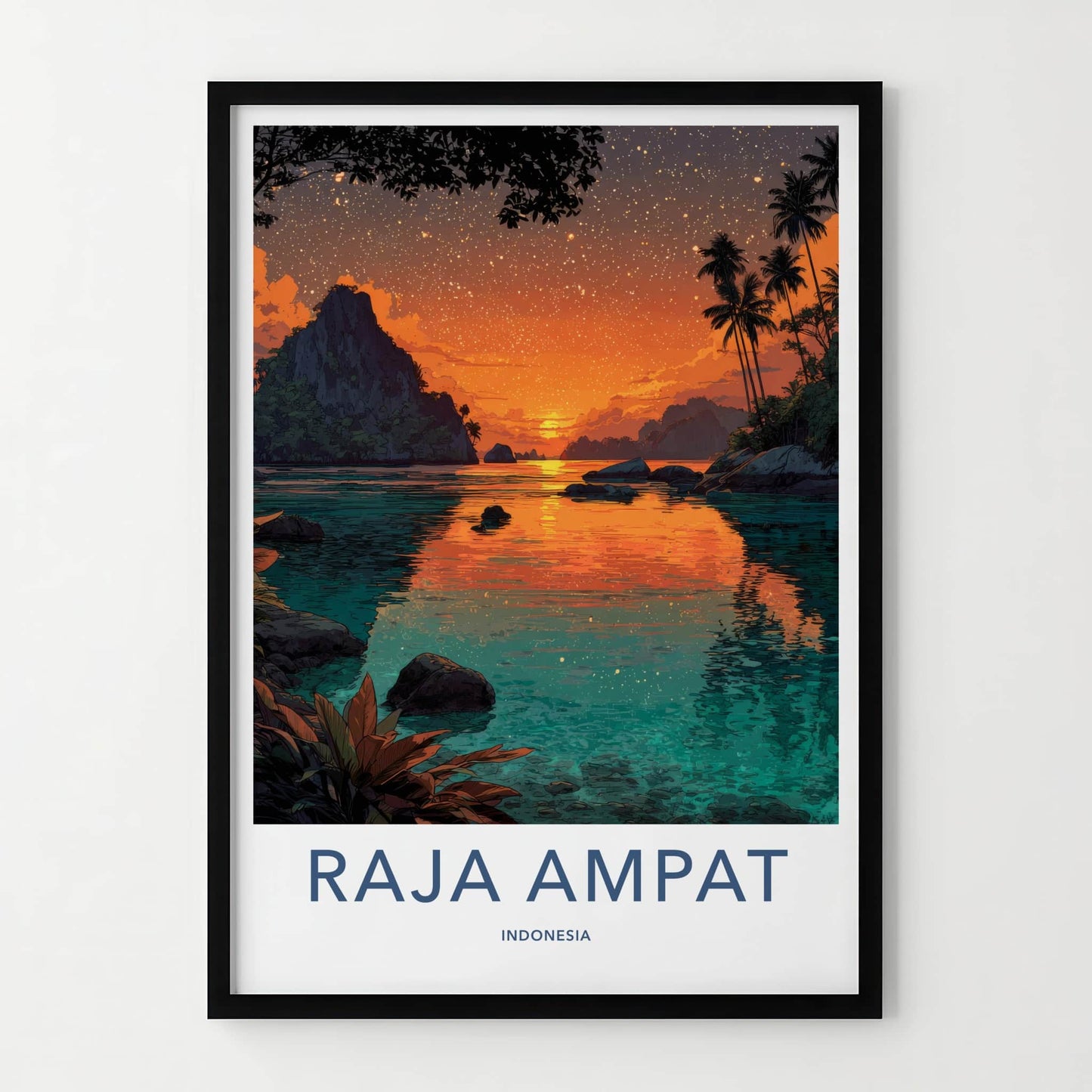 Raja Ampat Poster - Indonesia Travel Art - Fiery Sunset Palms Home Art
