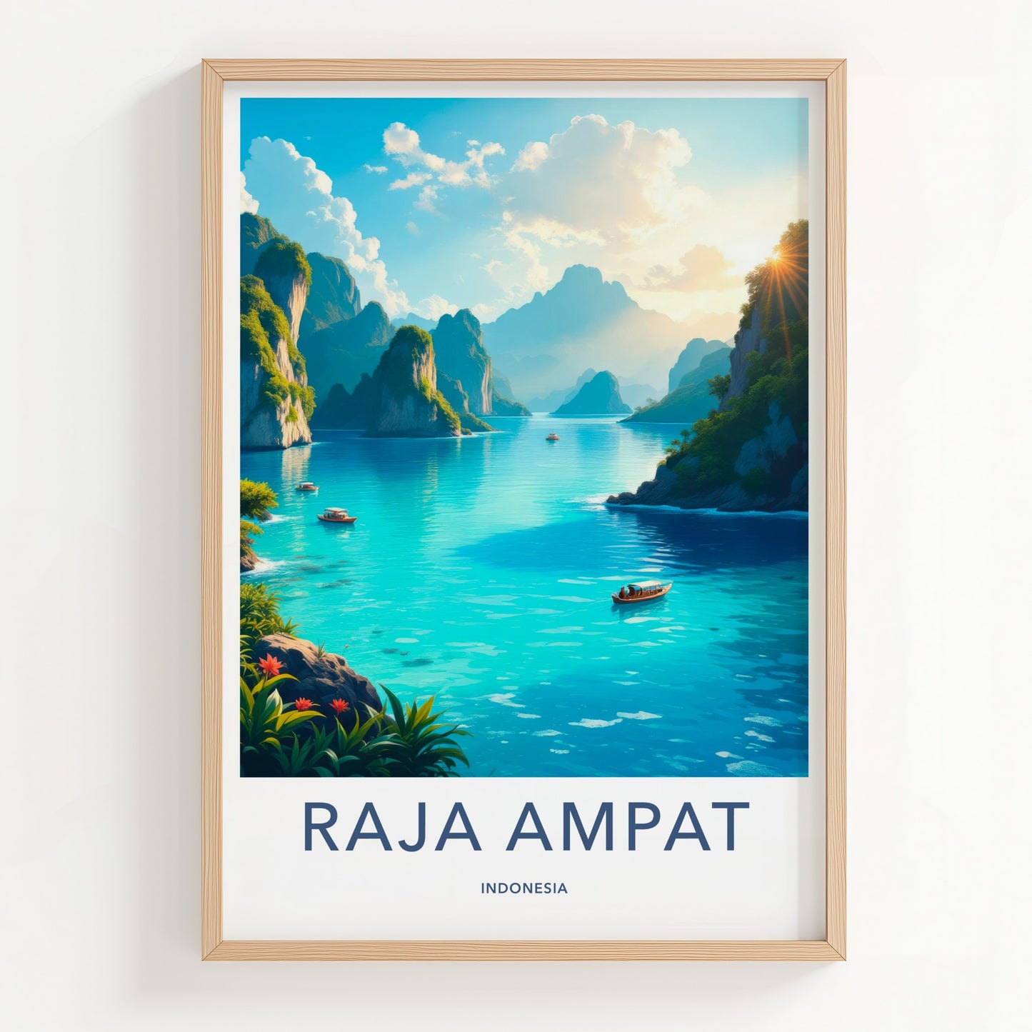 Raja Ampat Poster - Indonesia Travel Art - Lush Cliffs Boats Home Decor