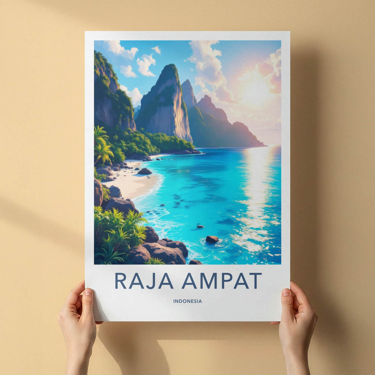 Raja Ampat Poster - Indonesia Travel Art - Sunlit Island Bay Home Decor