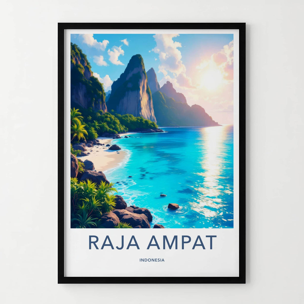 Raja Ampat Poster - Indonesia Travel Art - Sunlit Island Bay Home Decor