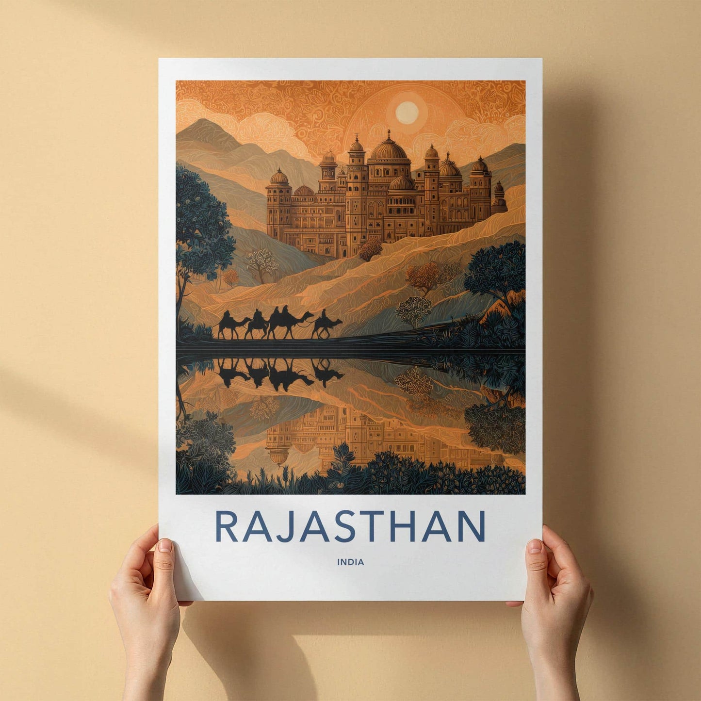 Rajasthan Poster - India Travel Art - Rajasthan Desert Palace Framed Decor