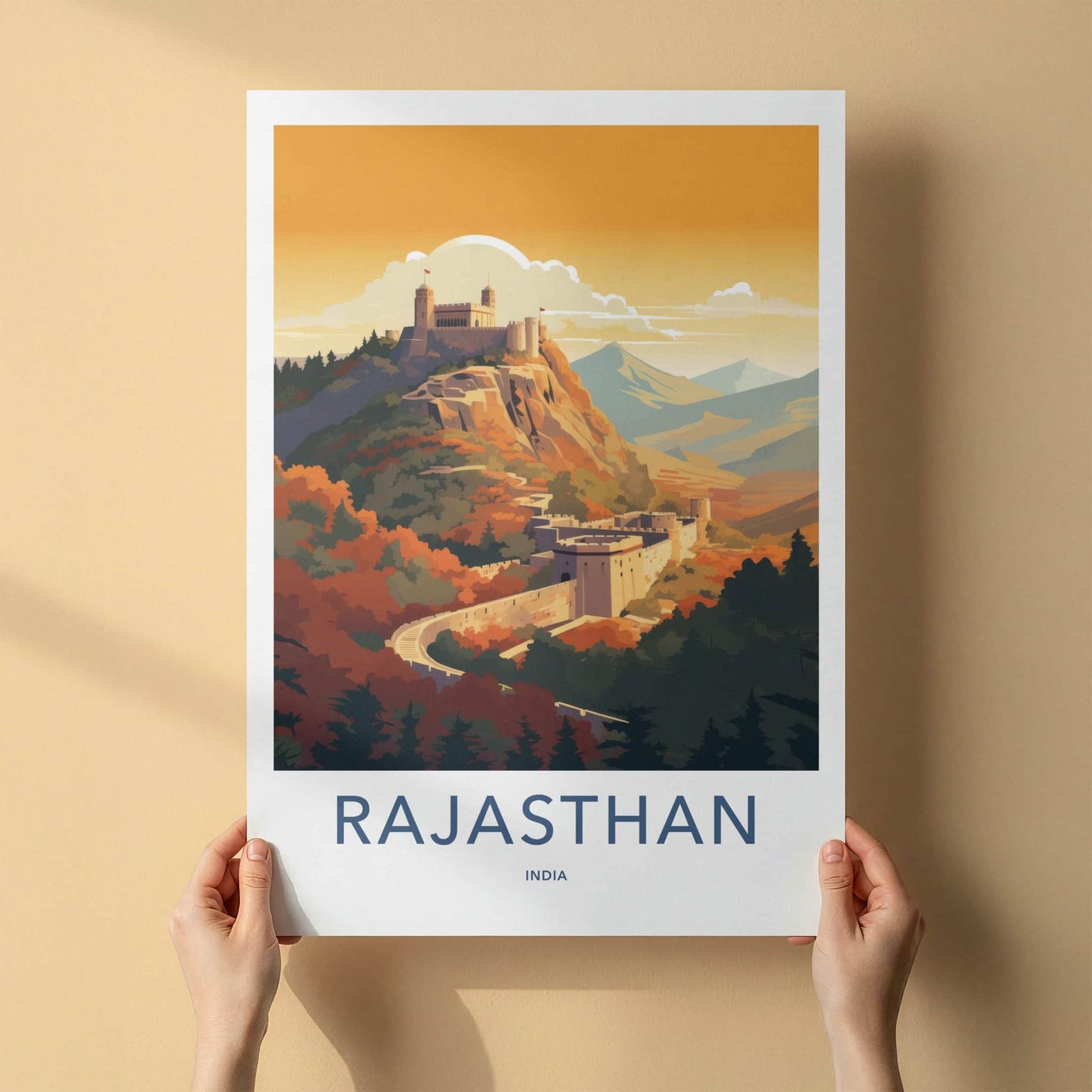 Rajasthan Poster - India Travel Art - Rajasthan Hilltop Fort Sunset Home Decor