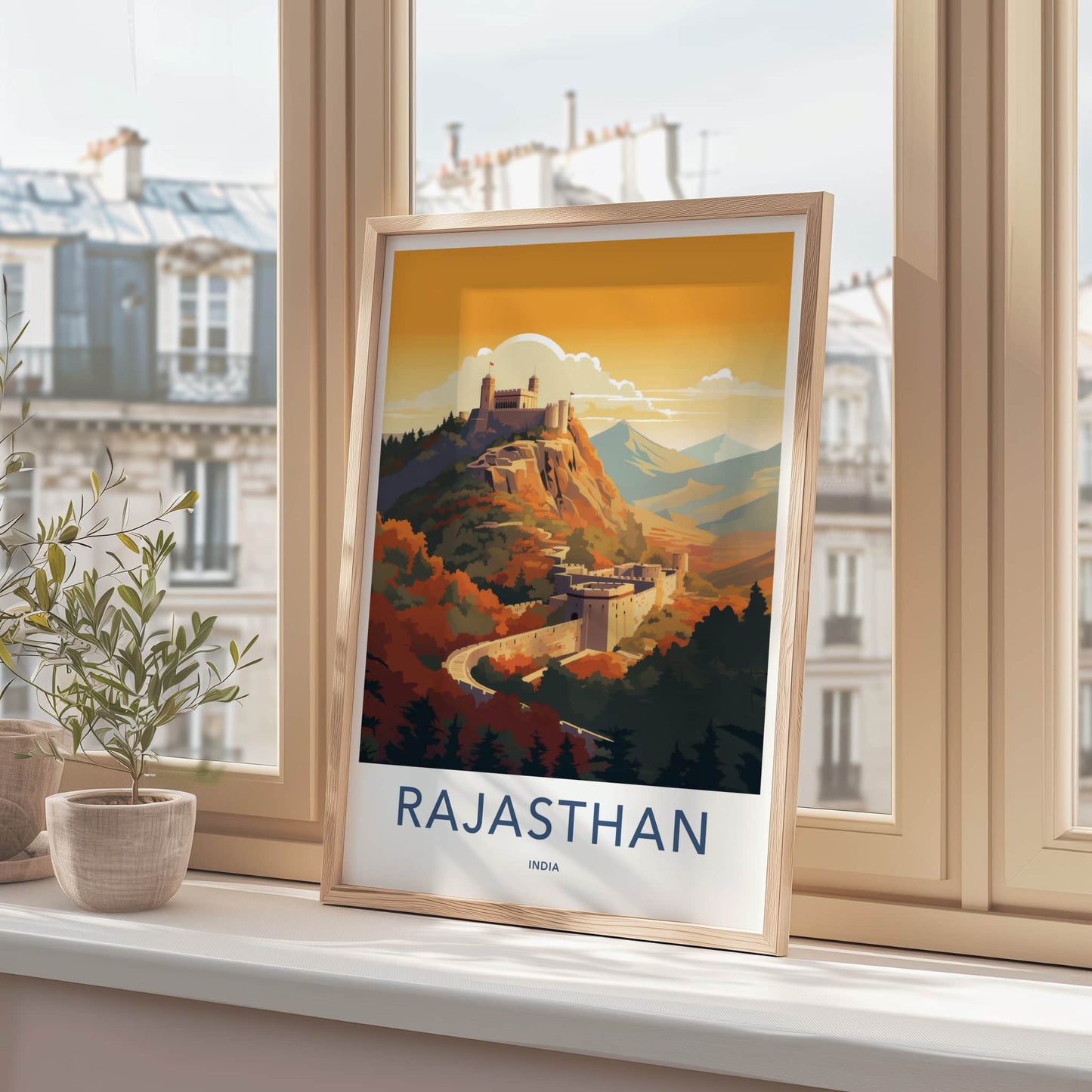 Rajasthan Poster - India Travel Art - Rajasthan Hilltop Fort Sunset Home Decor