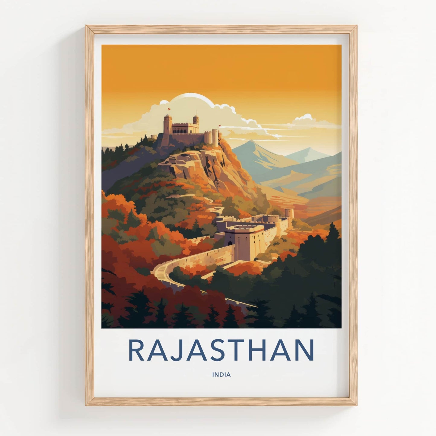 Rajasthan Poster - India Travel Art - Rajasthan Hilltop Fort Sunset Home Decor