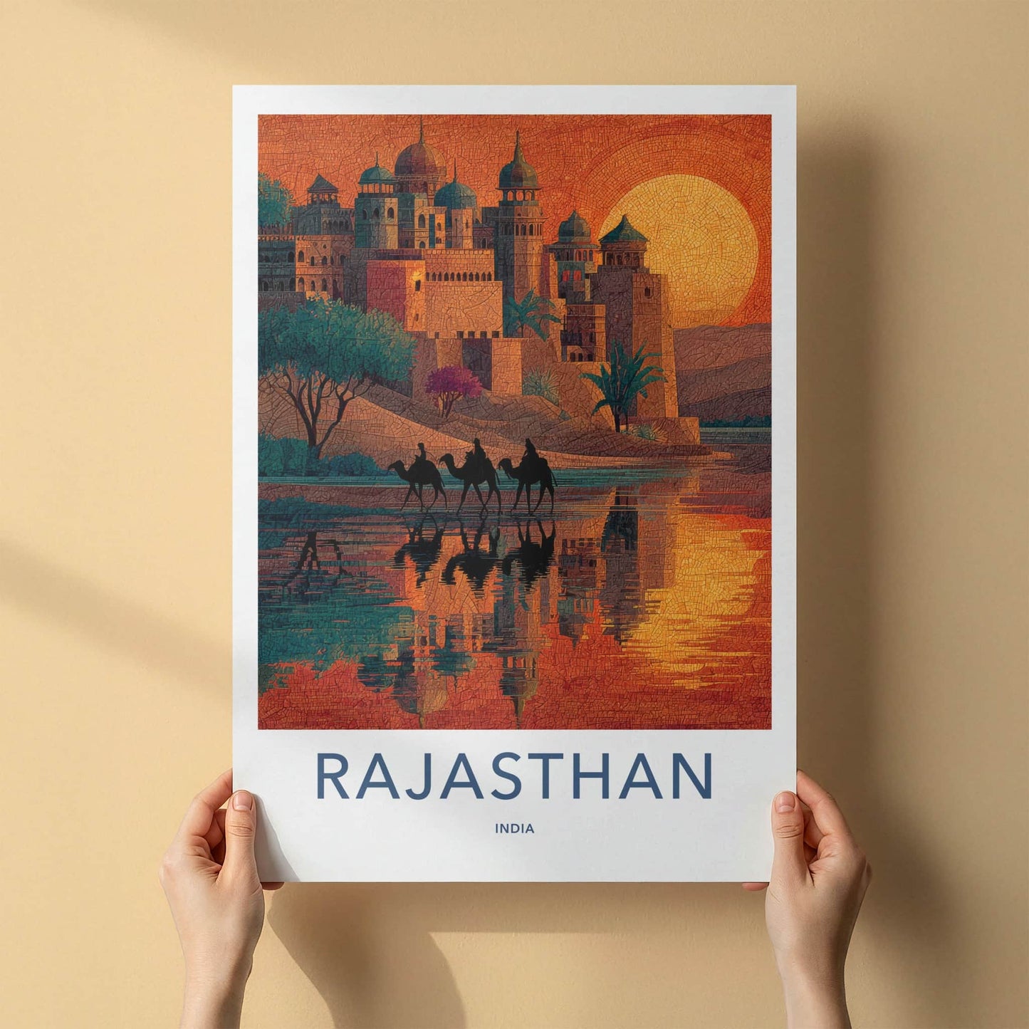 Rajasthan Poster - India Travel Art - Rajasthan Sunset Camels Lounge Decor