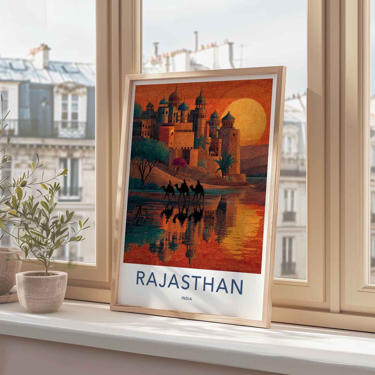 Rajasthan Poster - India Travel Art - Rajasthan Sunset Camels Lounge Decor