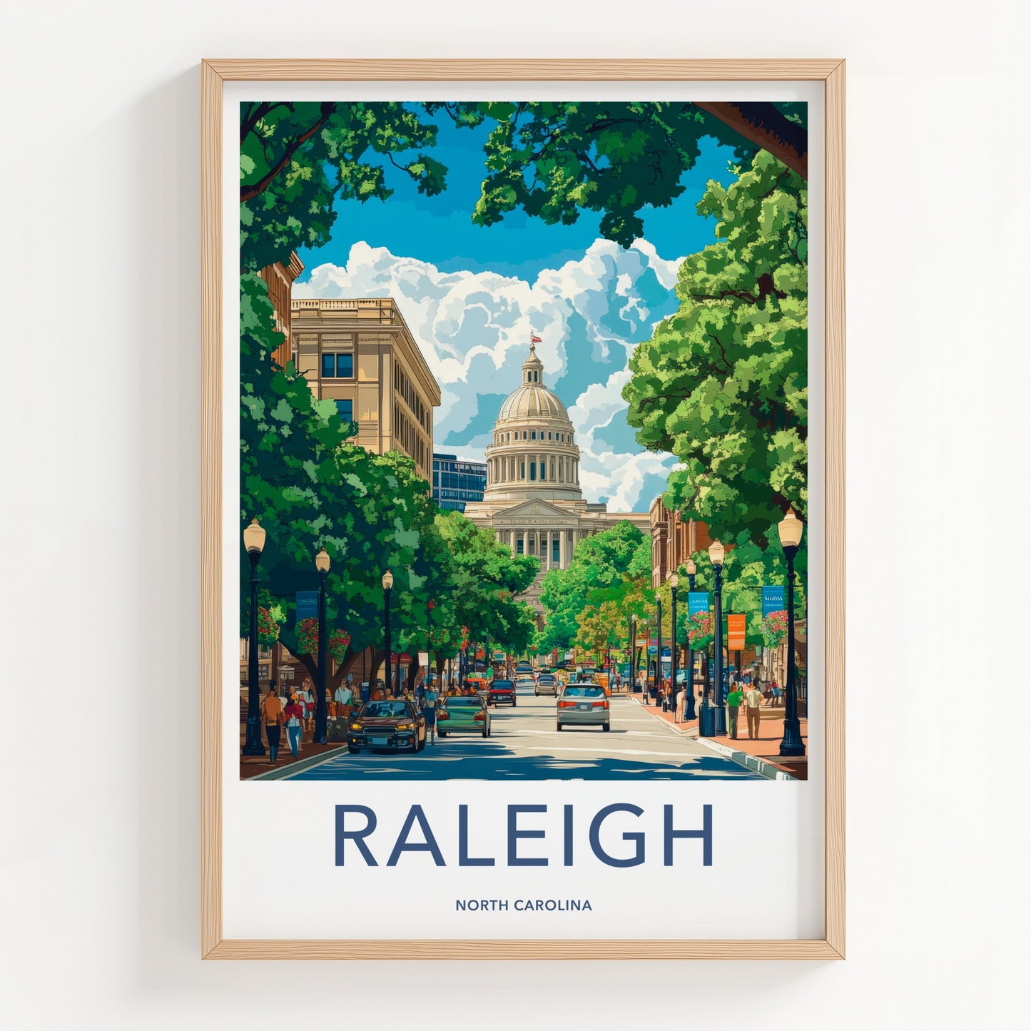 Raleigh Poster - North Carolina Art Print - Bustling Capitol Street Wall Decor