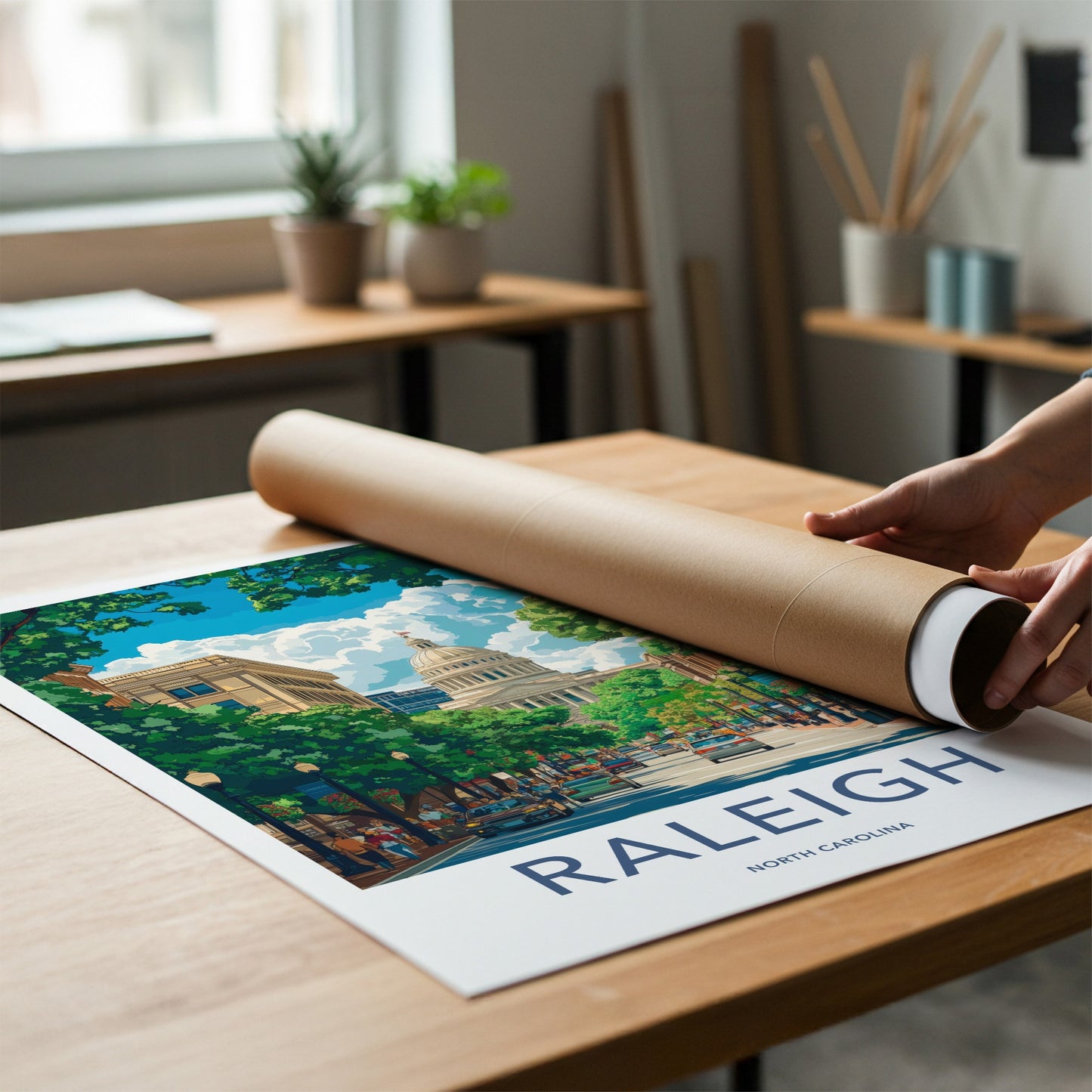 Raleigh Poster - North Carolina Art Print - Bustling Capitol Street Wall Decor