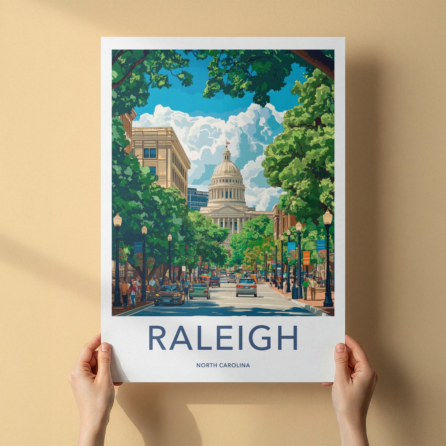 Raleigh Poster - North Carolina Art Print - Bustling Capitol Street Wall Decor