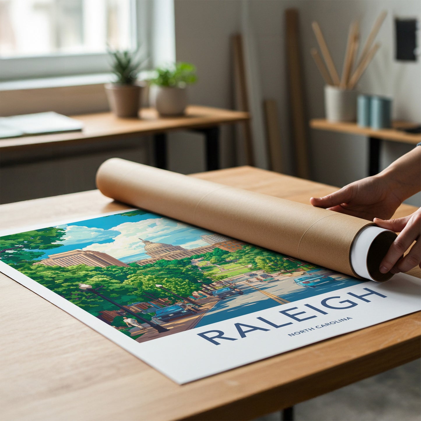 Raleigh Poster - North Carolina Travel Art - Lush Green Cityscape Home Decor