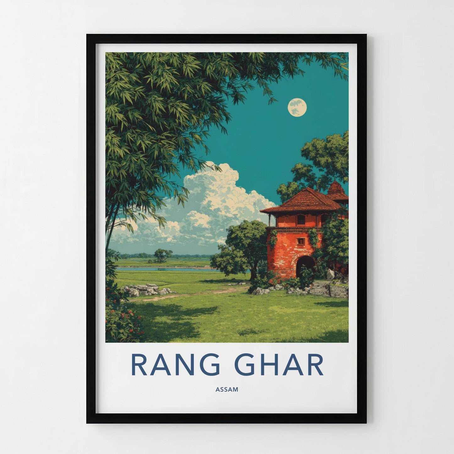 Rang Ghar Poster - India Travel Art - Assam Red Building Landscape Home Decor