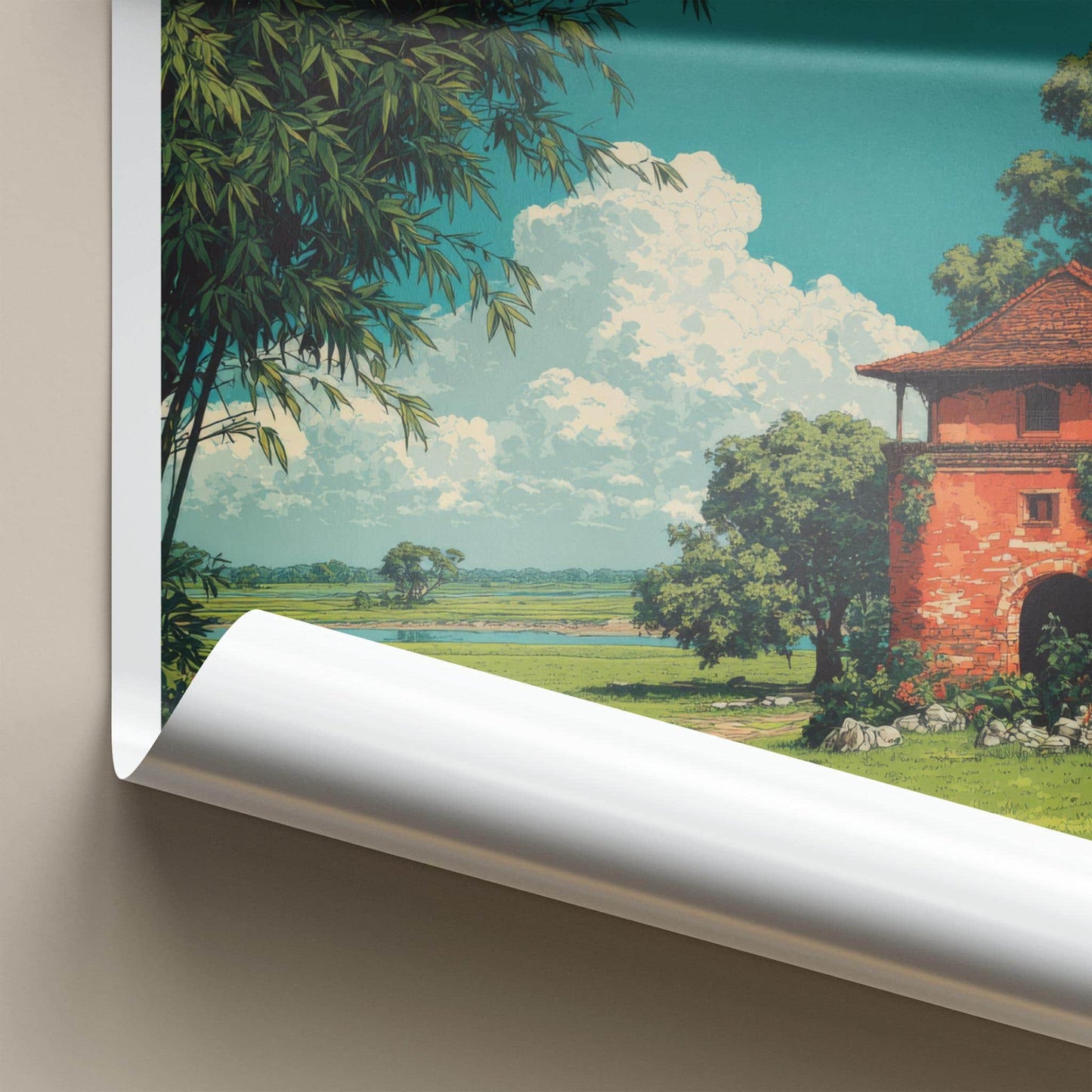 Rang Ghar Poster - India Travel Art - Assam Red Building Landscape Home Decor