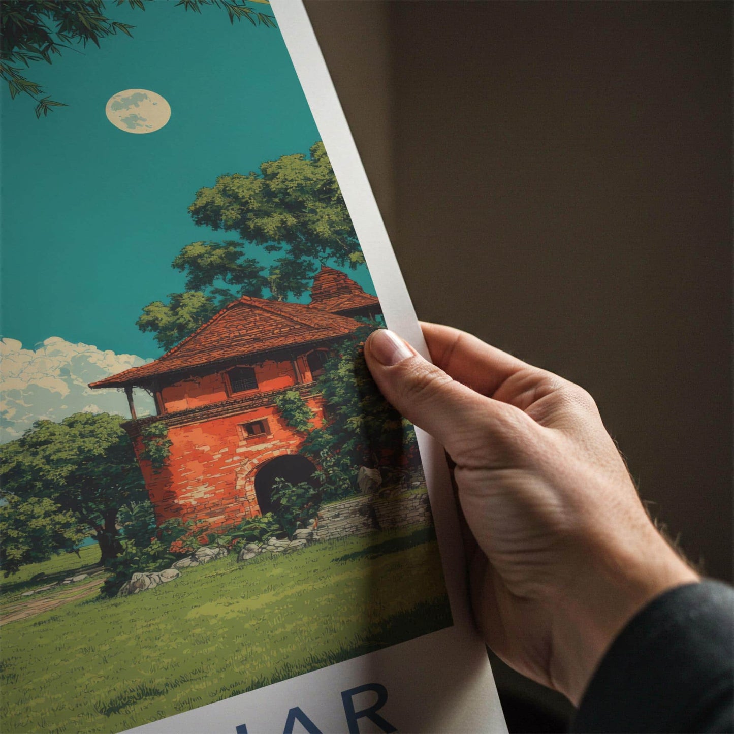 Rang Ghar Poster - India Travel Art - Assam Red Building Landscape Home Decor