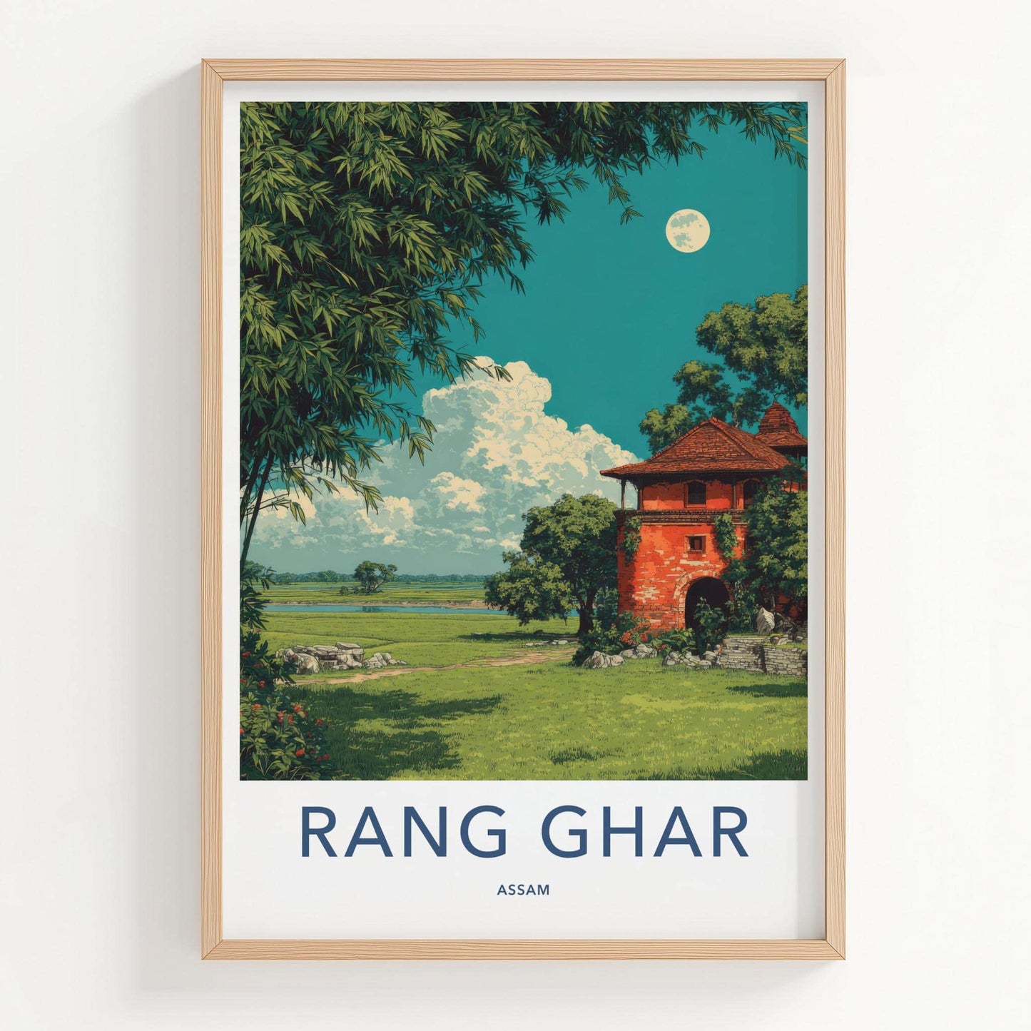 Rang Ghar Poster - India Travel Art - Assam Red Building Landscape Home Decor