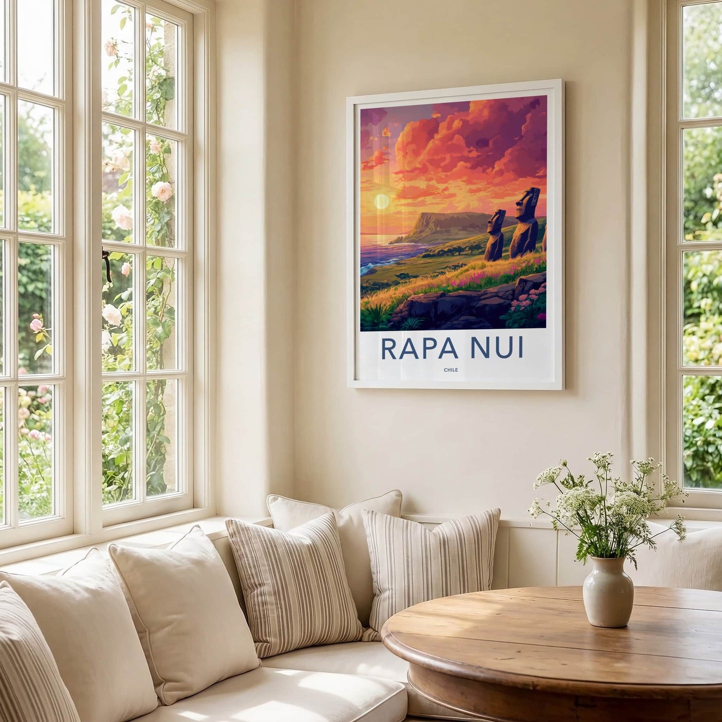 Rapa Nui Poster - Chile Travel Art - Moai statues sunset Home Decor