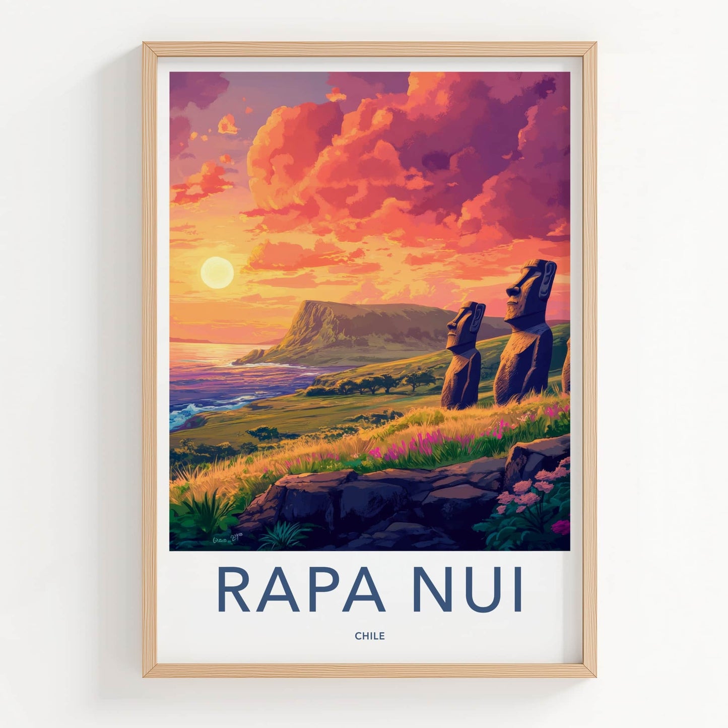 Rapa Nui Poster - Chile Travel Art - Moai statues sunset Home Decor