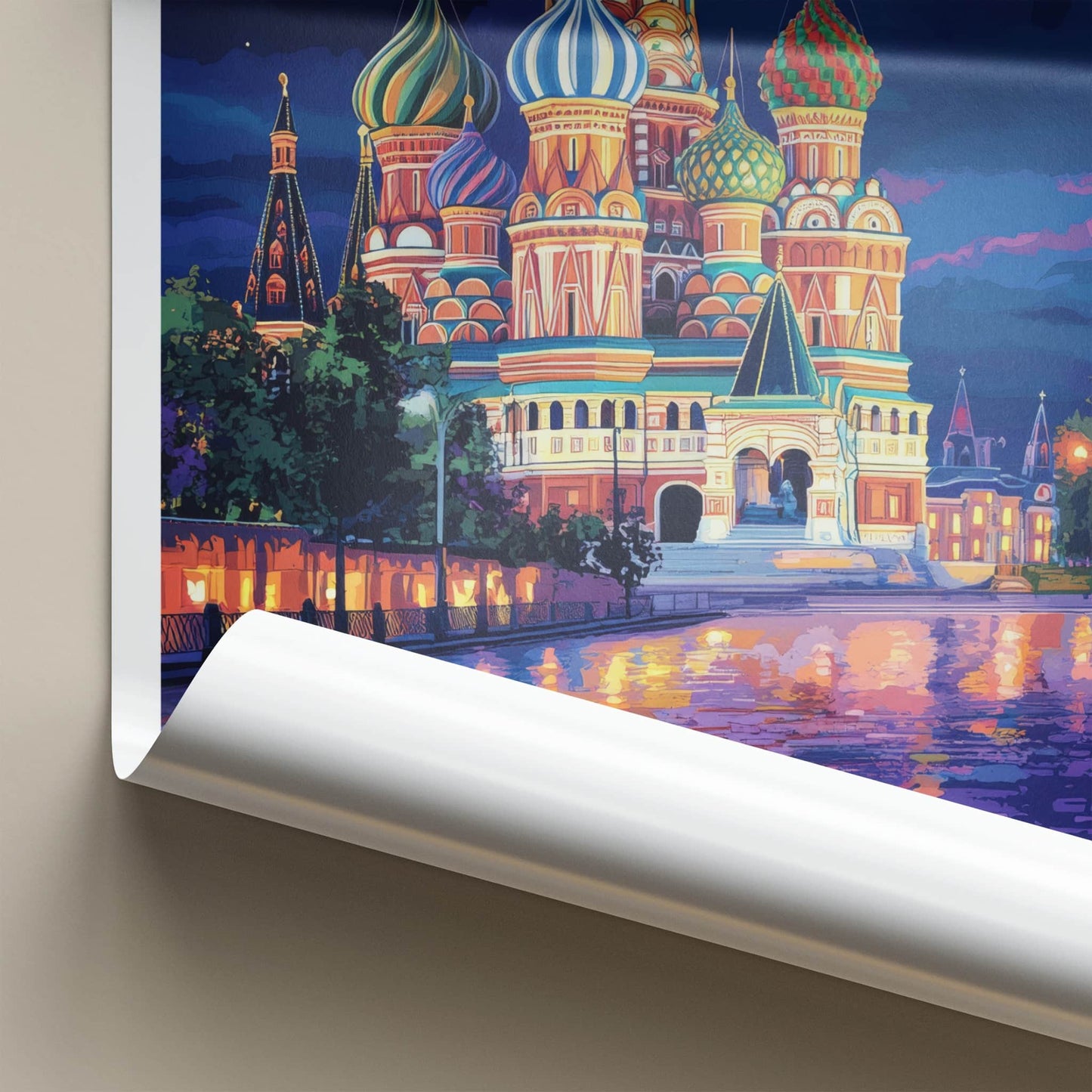 Red Square Poster - Russia Travel Art - Moonlit cathedral reflections Home Decor