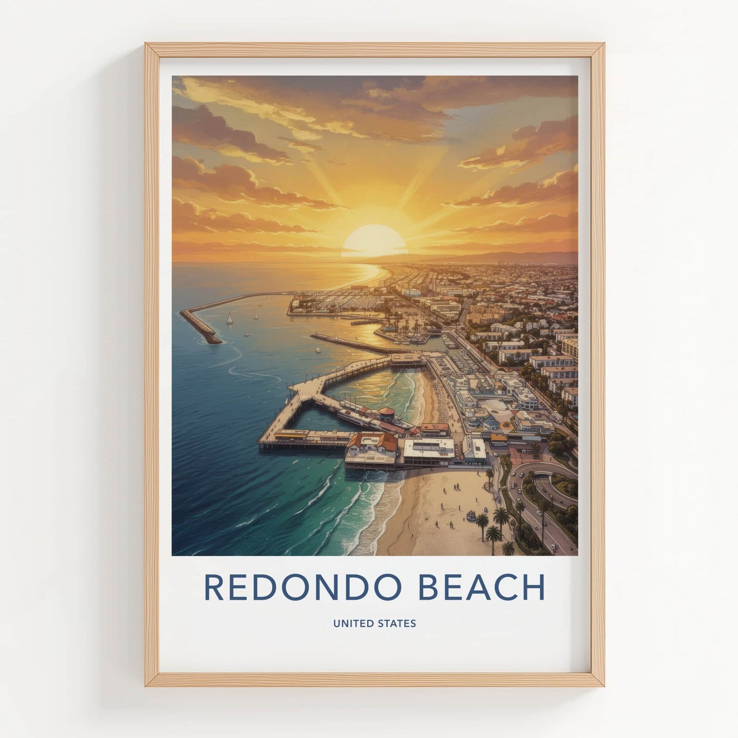 Redondo Beach Poster - California Travel Art - Golden Sunset Harbor Wall Decor