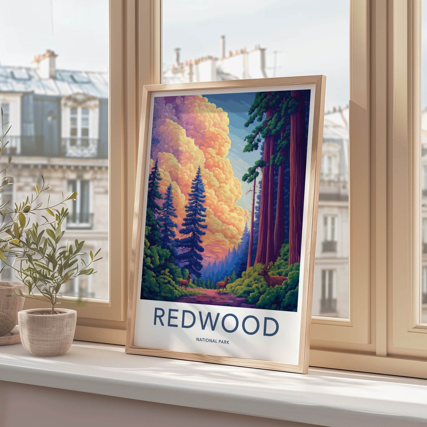 Redwood National Park Poster - California Travel Art - Deer Forest Sunset Home Decor