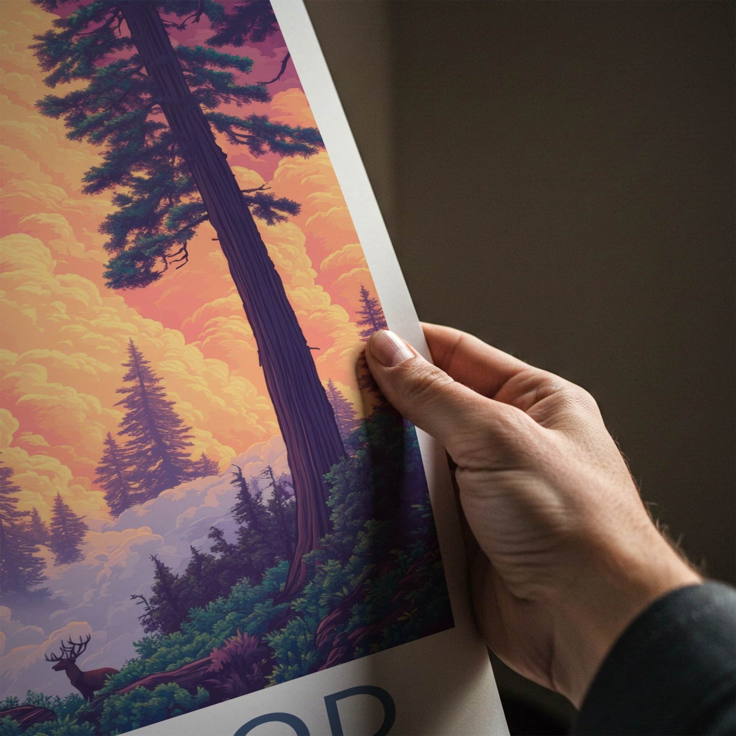 Redwood National Park Poster - California Travel Art - Giant Trees Deer Home Decor