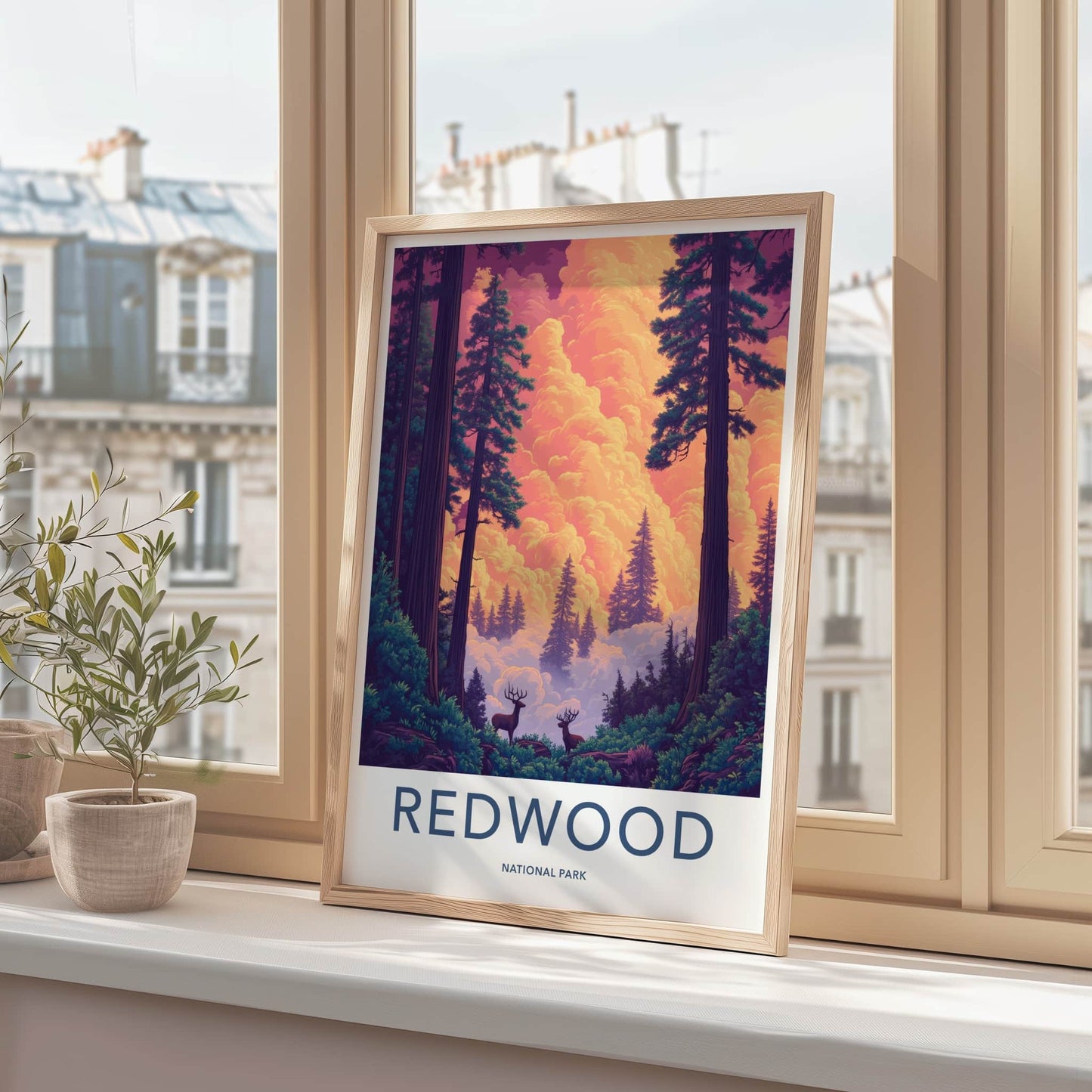 Redwood National Park Poster - California Travel Art - Giant Trees Deer Home Decor
