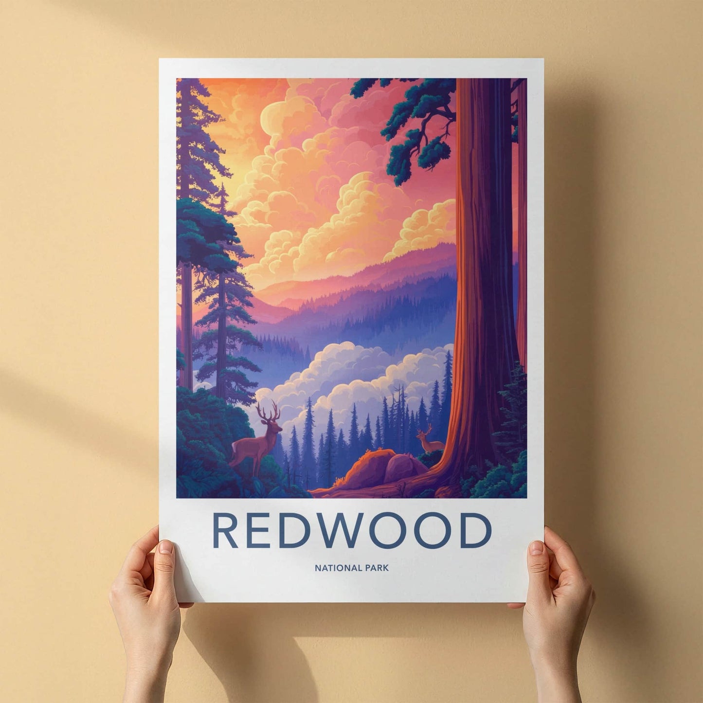 Redwood National Park Poster - California Travel Art - Majestic Forest Deer Home Decor