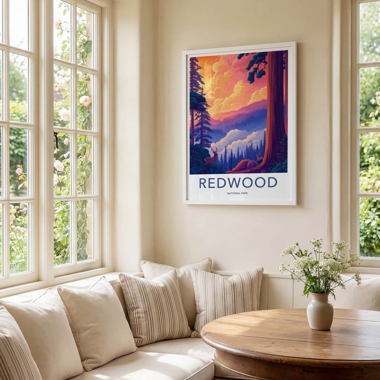 Redwood National Park Poster - California Travel Art - Majestic Forest Deer Home Decor