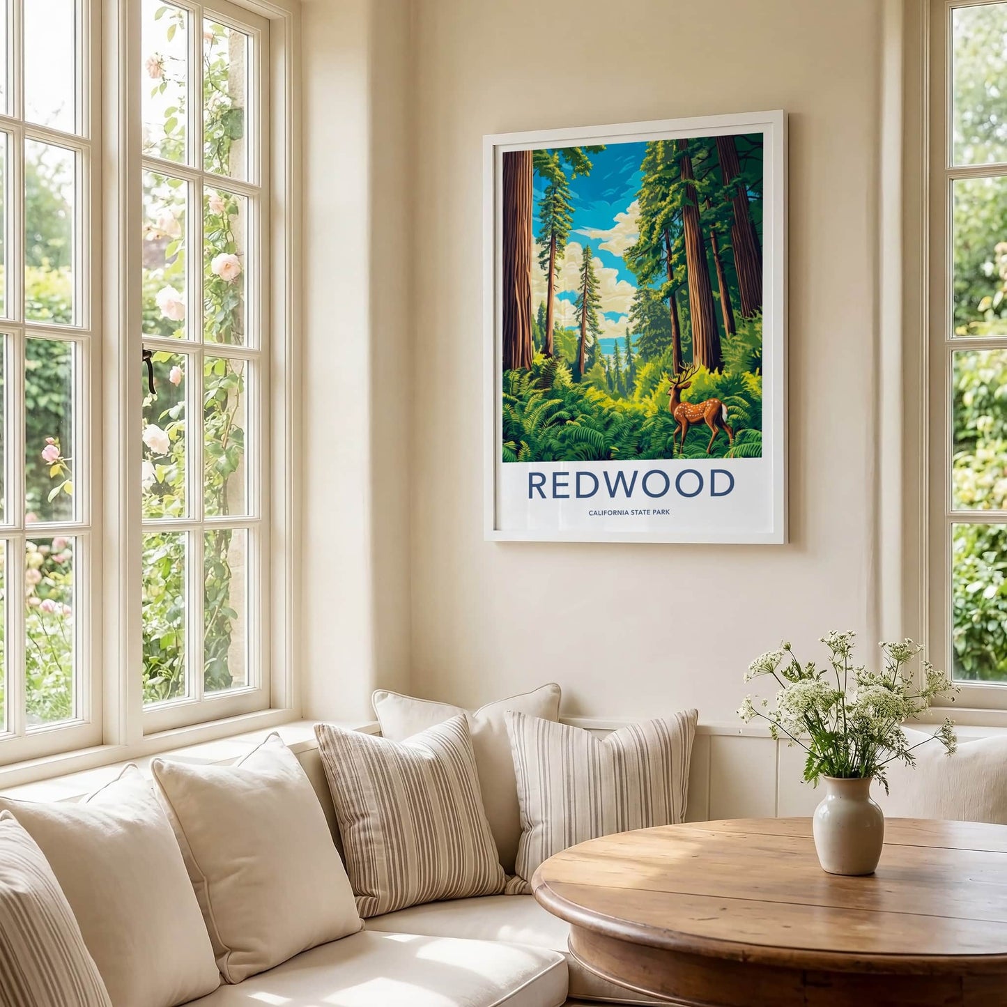 Redwood Poster - California Travel Art - Deer Redwood Forest Home Decor