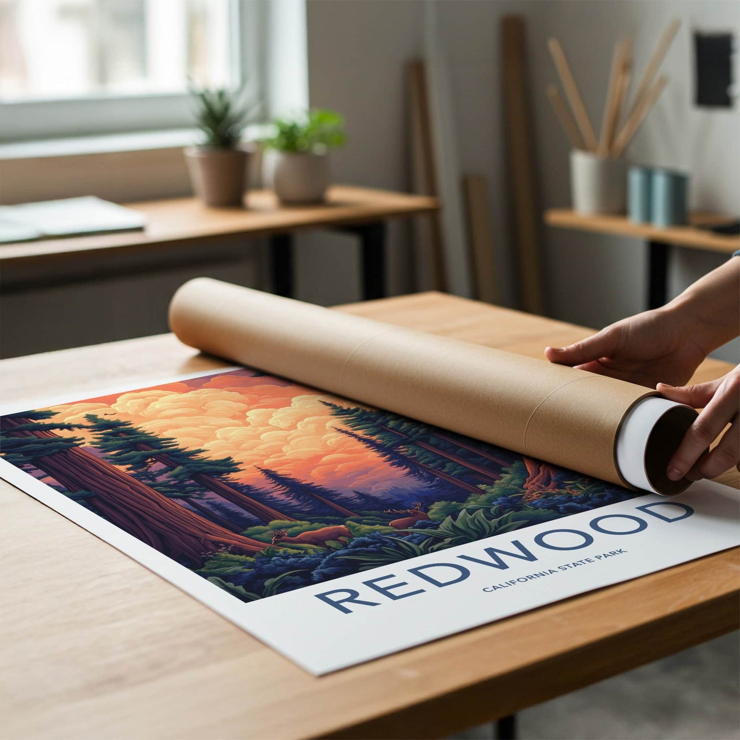 Redwood Poster - California Travel Art - Giant Trees Deer Wall Decor